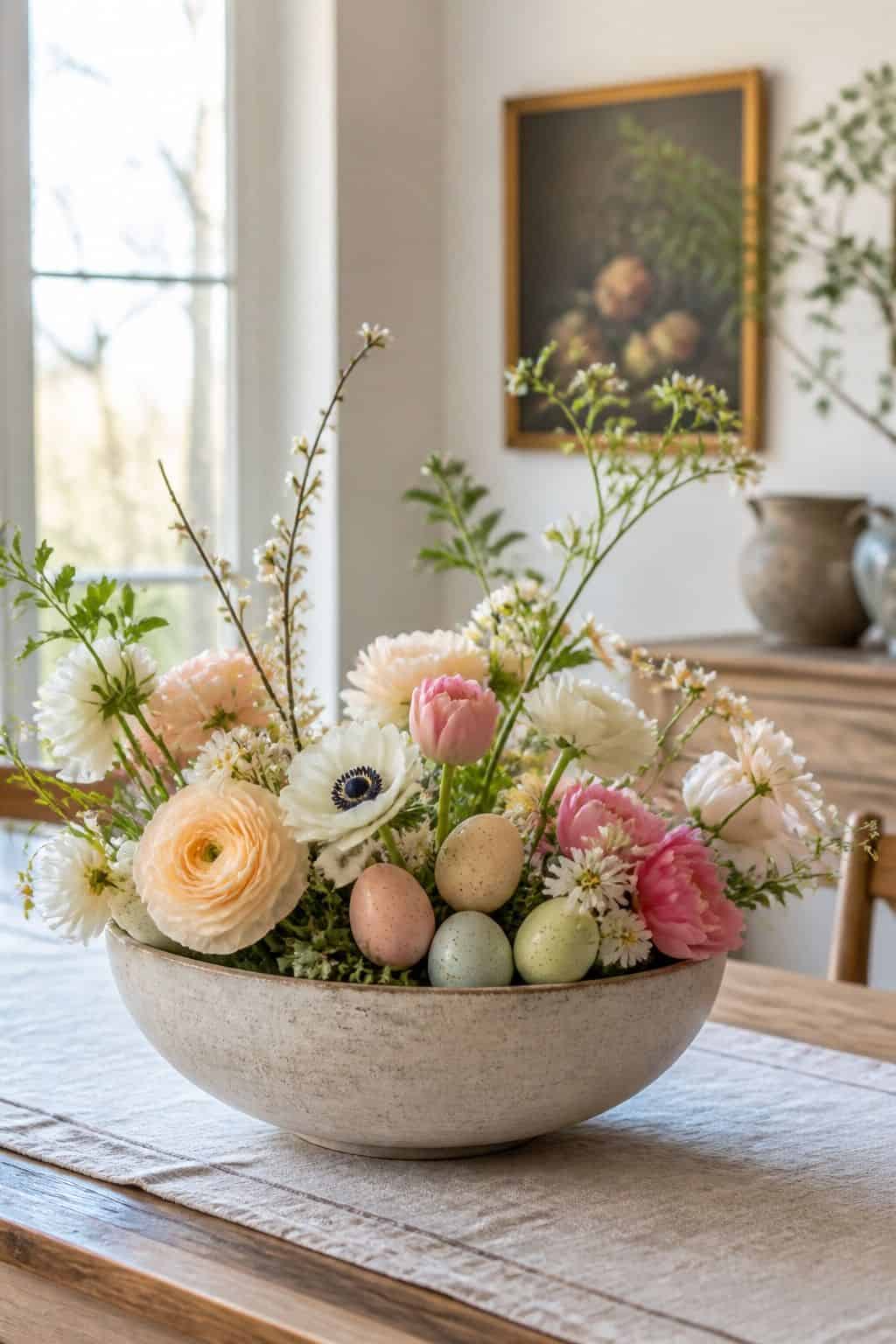 Fresh Flower Bowl shown as a realistic Pretty Wild World image for 20 Easter Decorating Ideas for a Fresh Cheerful Home.