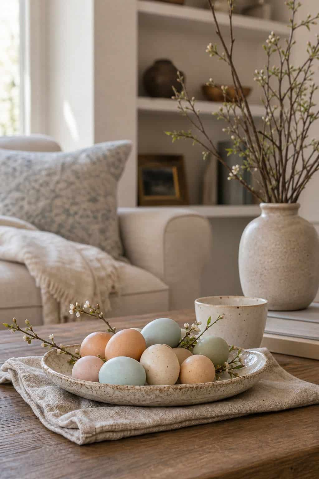 Eggs in a Low Dish shown as a realistic Pretty Wild World image for 20 Easter Decorating Ideas for a Fresh Cheerful Home.