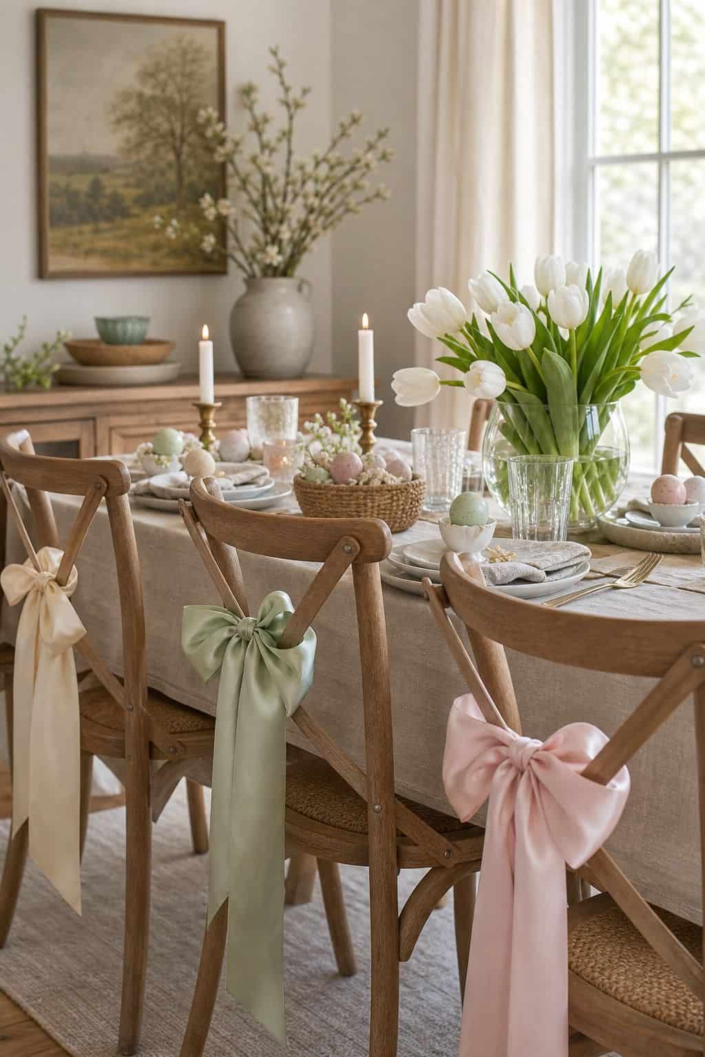 Ribboned Dining Chairs shown as a realistic Pretty Wild World image for 20 Easter Decorating Ideas for a Fresh Cheerful Home.