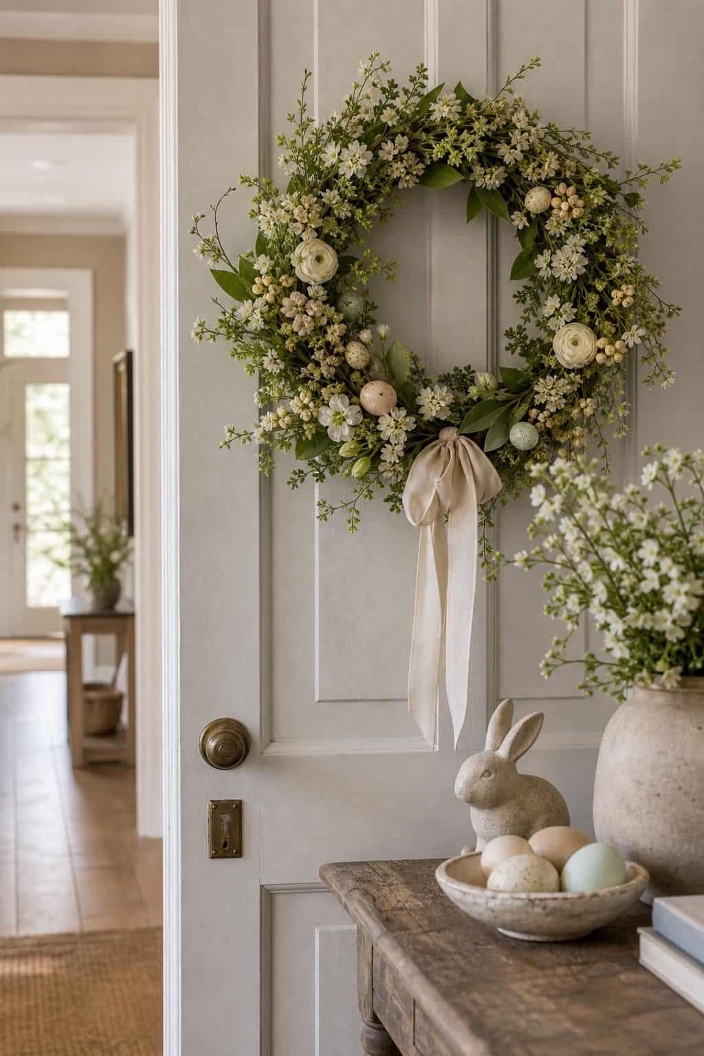 Spring Wreath Indoors shown as a realistic Pretty Wild World image for 20 Easter Decorating Ideas for a Fresh Cheerful Home.