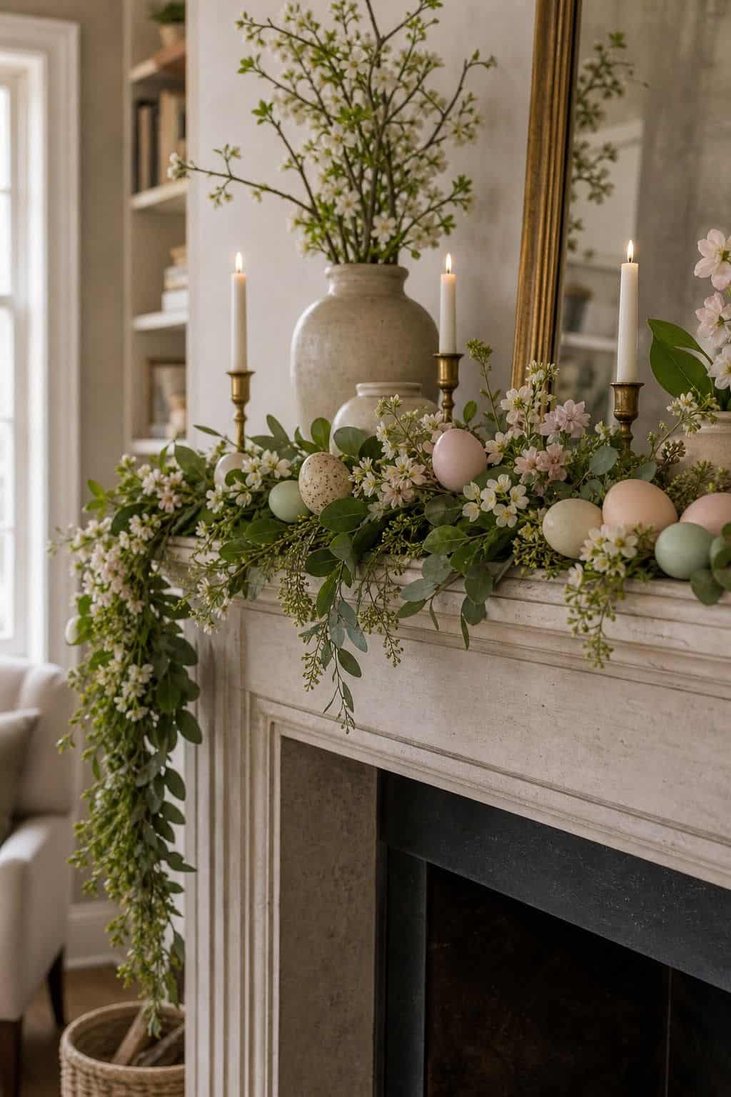 Soft Mantel Garland shown as a realistic Pretty Wild World image for 20 Easter Decorating Ideas for a Fresh Cheerful Home.