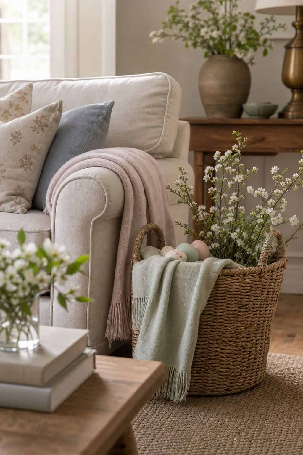 Basket by the Sofa shown as a realistic Pretty Wild World image for 20 Easter Decorating Ideas for a Fresh Cheerful Home.