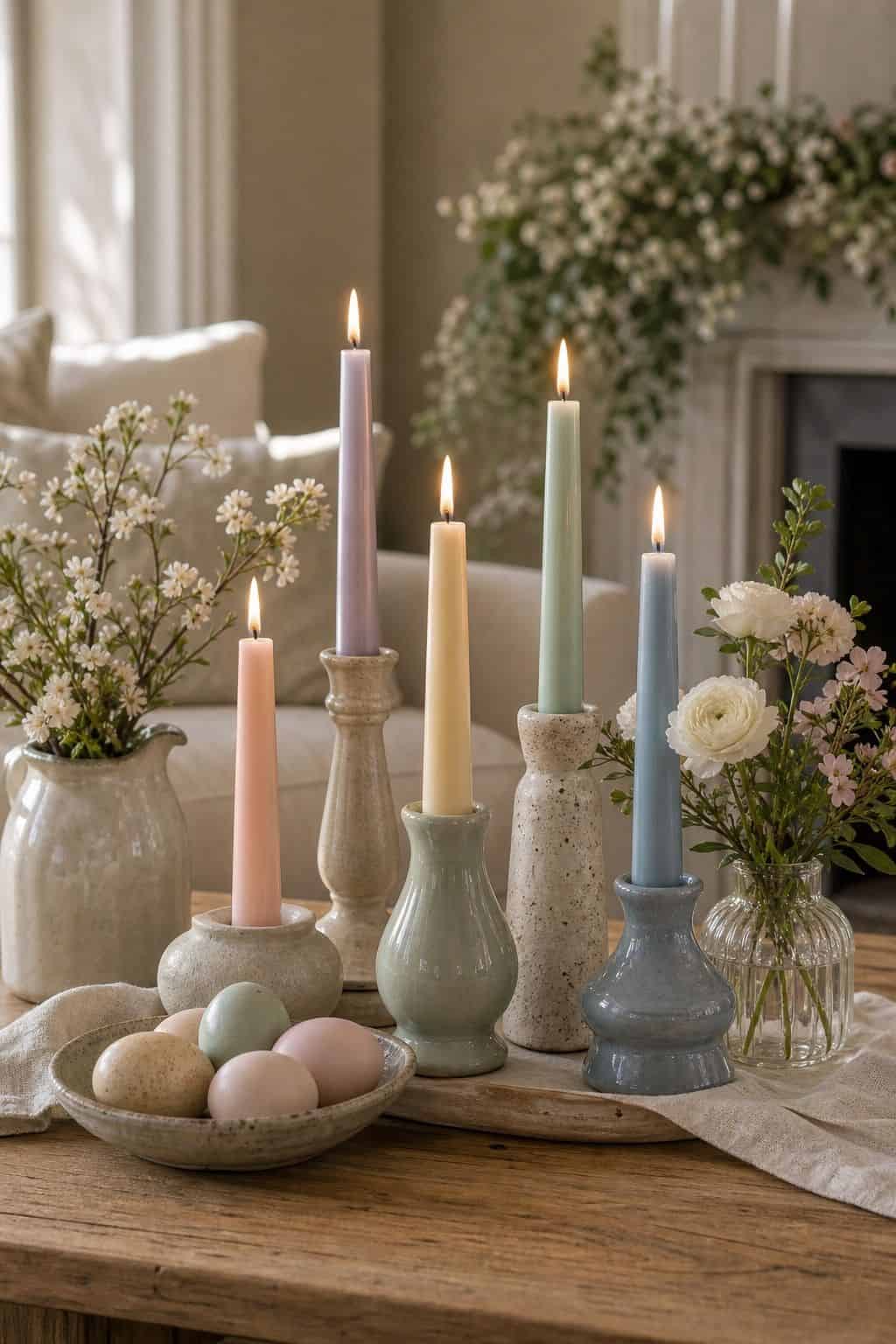 Pastel Candle Grouping shown as a realistic Pretty Wild World image for 20 Easter Decorating Ideas for a Fresh Cheerful Home.