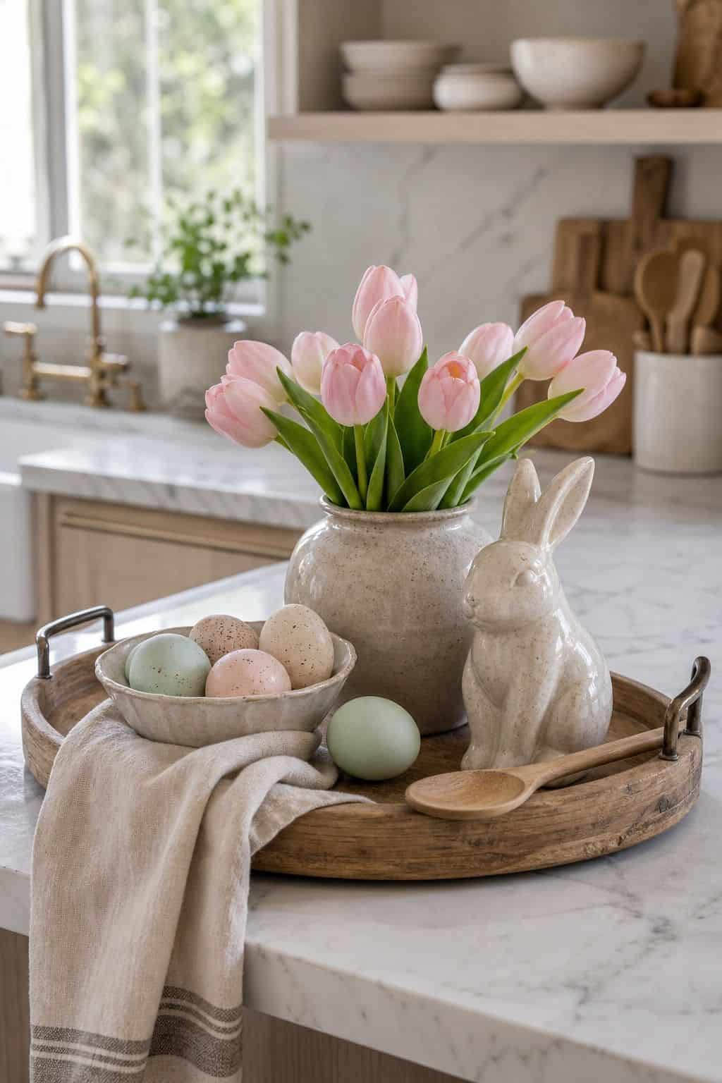 Kitchen Counter Tray shown as a realistic Pretty Wild World image for 20 Easter Decorating Ideas for a Fresh Cheerful Home.