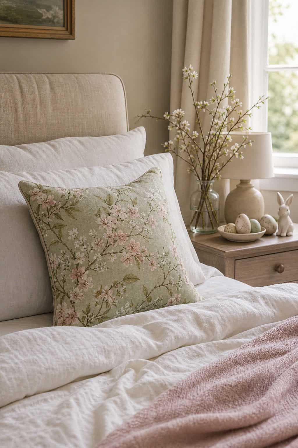 Bedroom Spring Pillow shown as a realistic Pretty Wild World image for 20 Easter Decorating Ideas for a Fresh Cheerful Home.