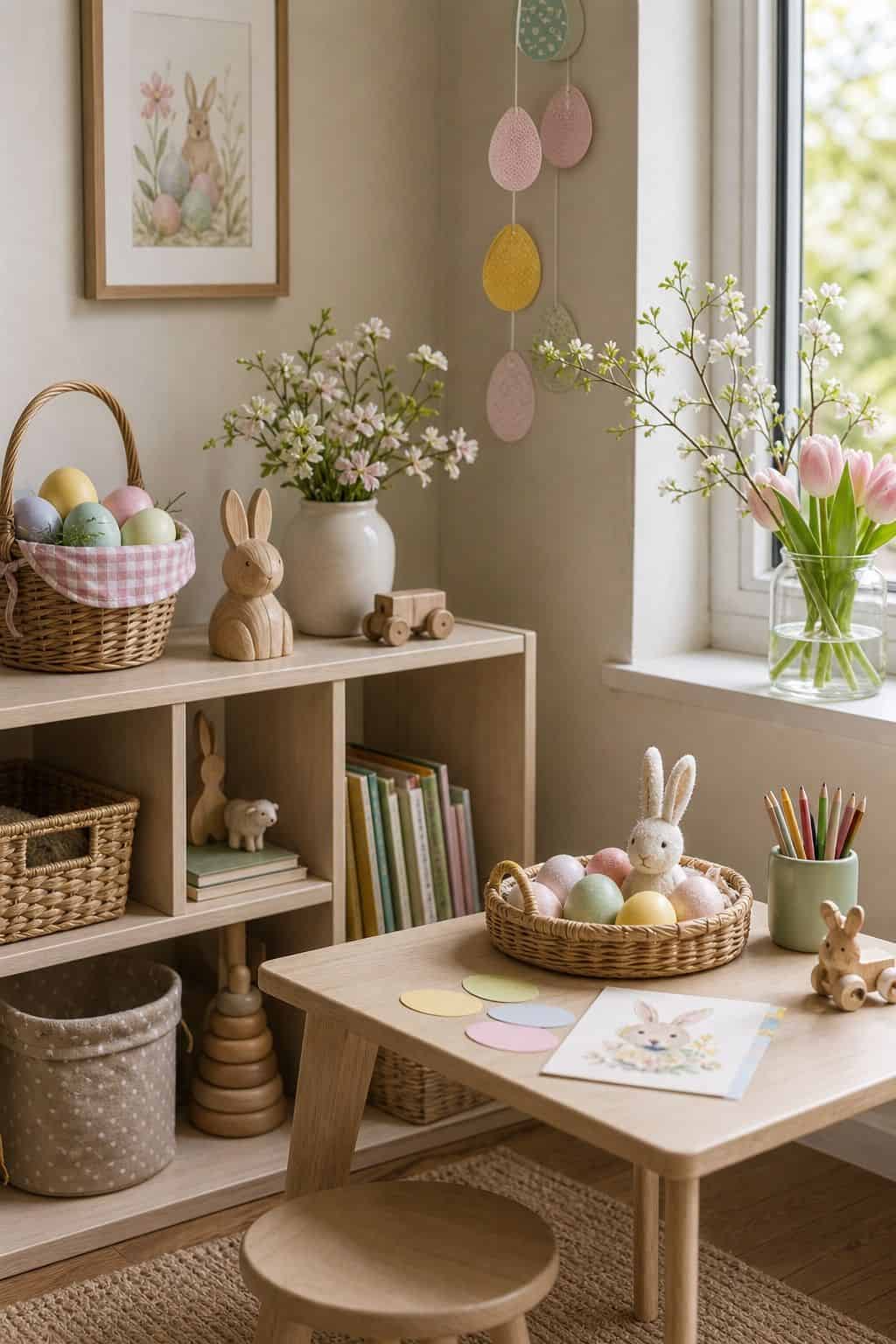 Kids Corner Display shown as a realistic Pretty Wild World image for 20 Easter Decorating Ideas for a Fresh Cheerful Home.
