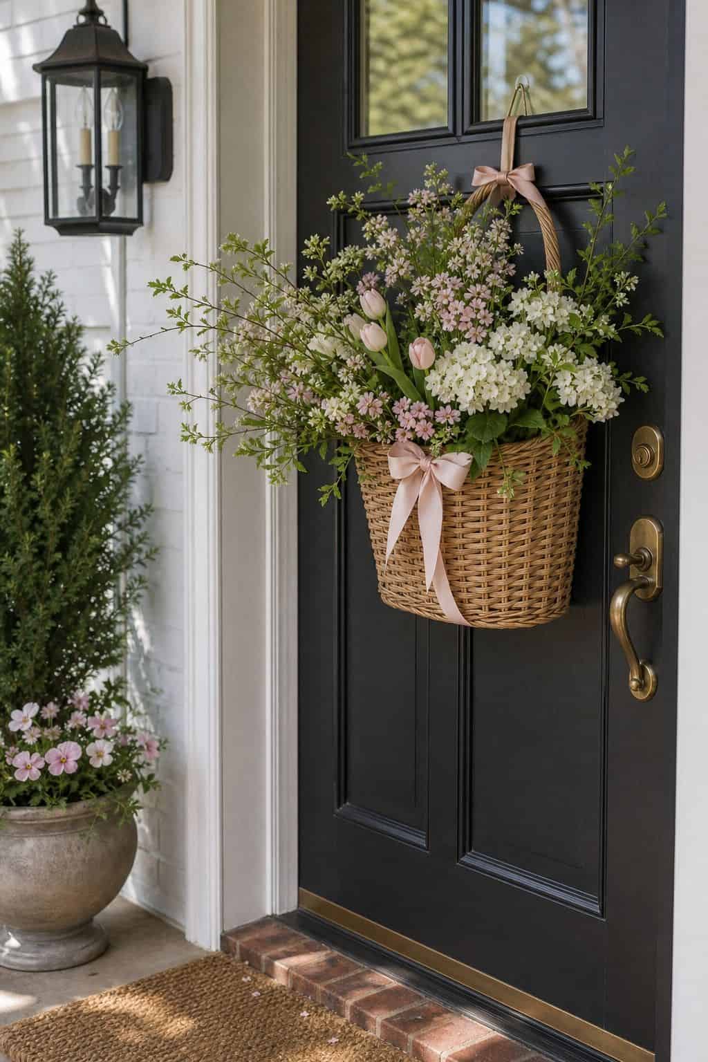 Outdoor Door Basket shown as a realistic Pretty Wild World image for 20 Easter Decorating Ideas for a Fresh Cheerful Home.