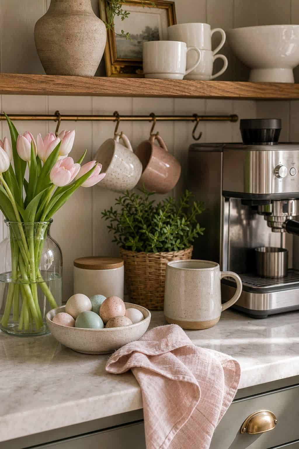 Easter Coffee Station shown as a realistic Pretty Wild World image for 20 Easter Decorating Ideas for a Fresh Cheerful Home.