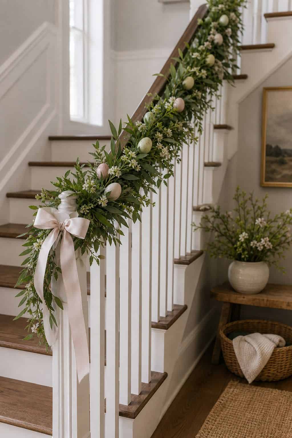 Simple Stair Garland shown as a realistic Pretty Wild World image for 20 Easter Decorating Ideas for a Fresh Cheerful Home.