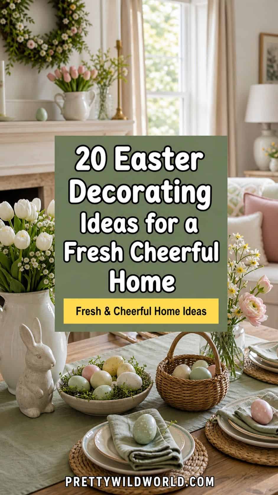 Pinterest pin for 20 Easter Decorating Ideas for a Fresh Cheerful Home from Pretty Wild World.