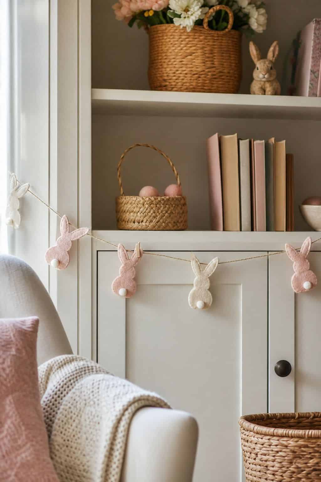 Felt Bunny Garland shown as a realistic Pretty Wild World image for 15 Easter Garland Ideas for a Fresh Festive Home.