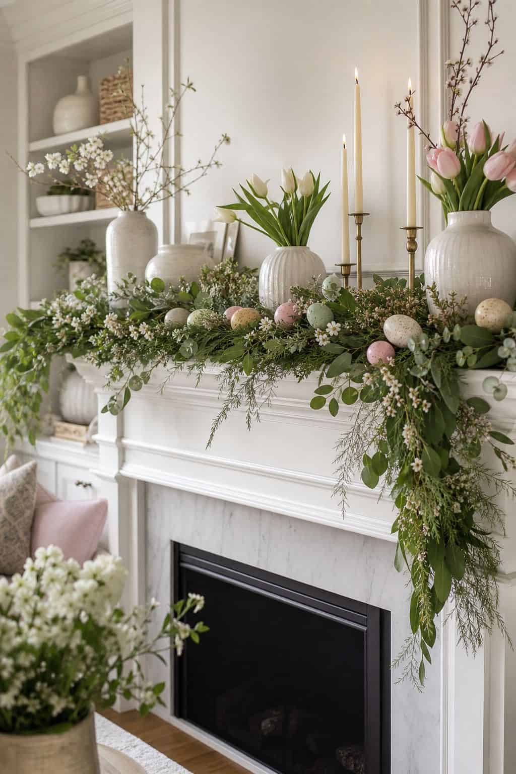 Mantel Garland shown as a realistic Pretty Wild World image for 15 Easter Garland Ideas for a Fresh Festive Home.