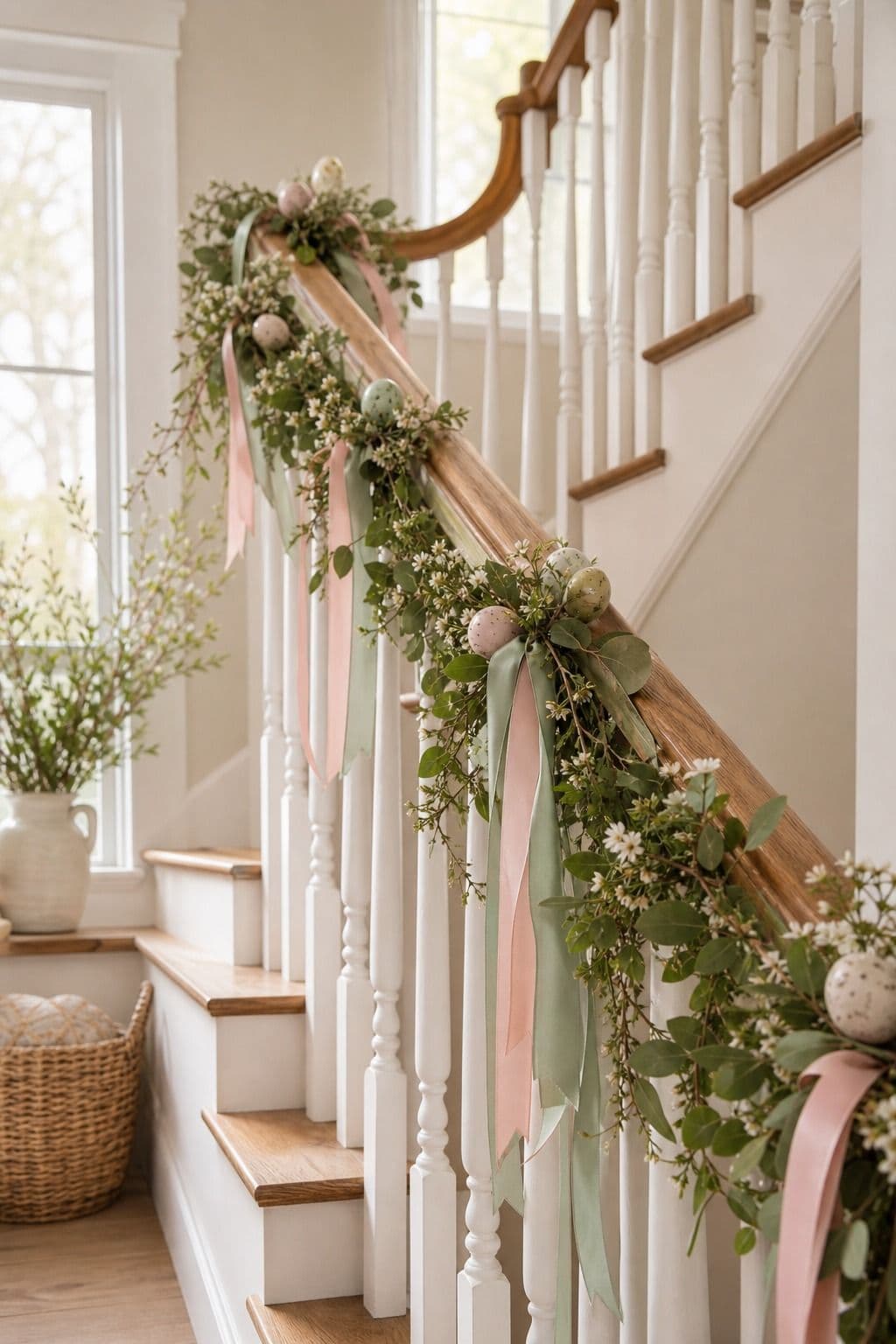 Stair Rail Garland shown as a realistic Pretty Wild World image for 15 Easter Garland Ideas for a Fresh Festive Home.