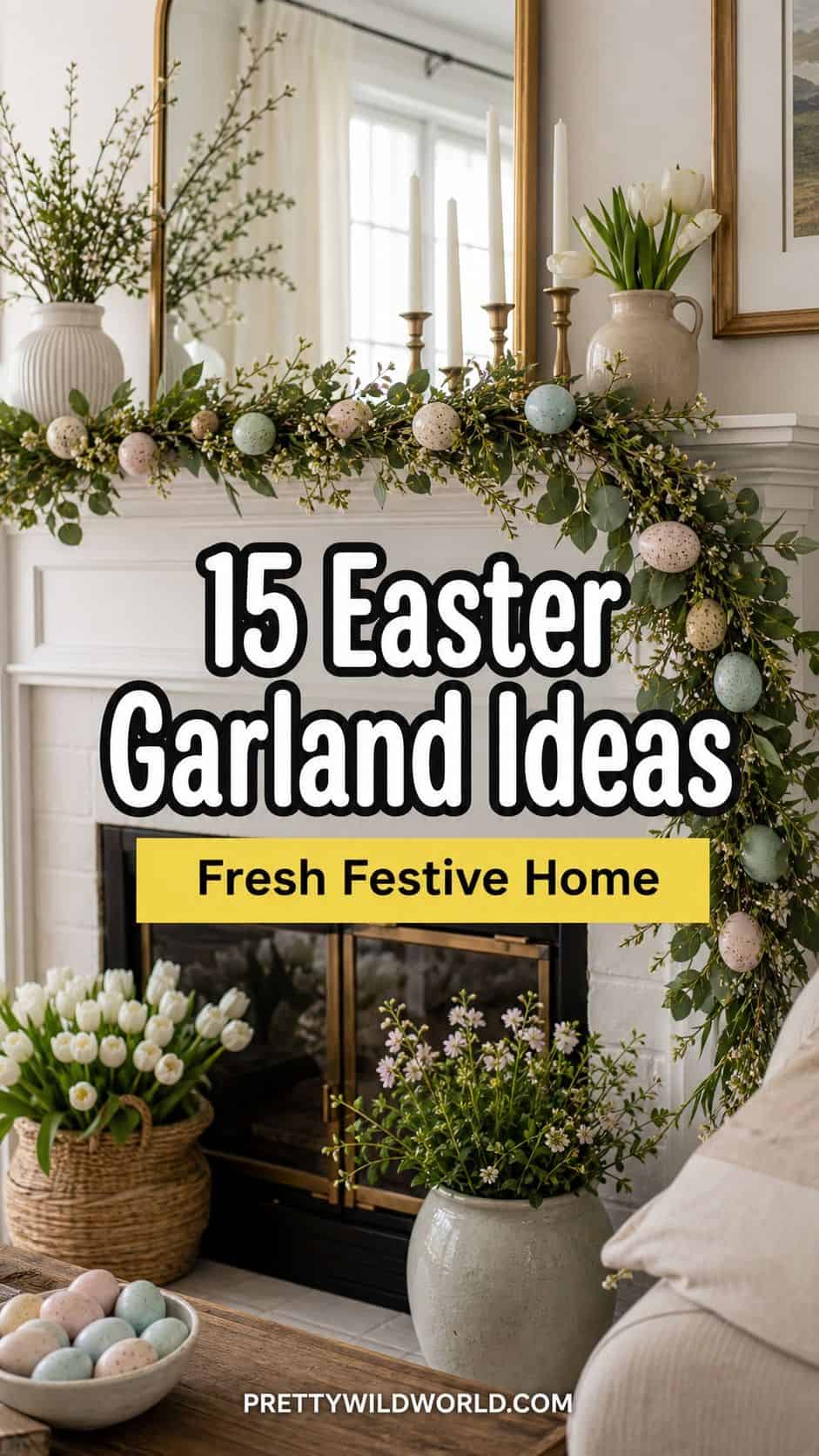 Pinterest pin for 15 Easter Garland Ideas for a Fresh Festive Home from Pretty Wild World.