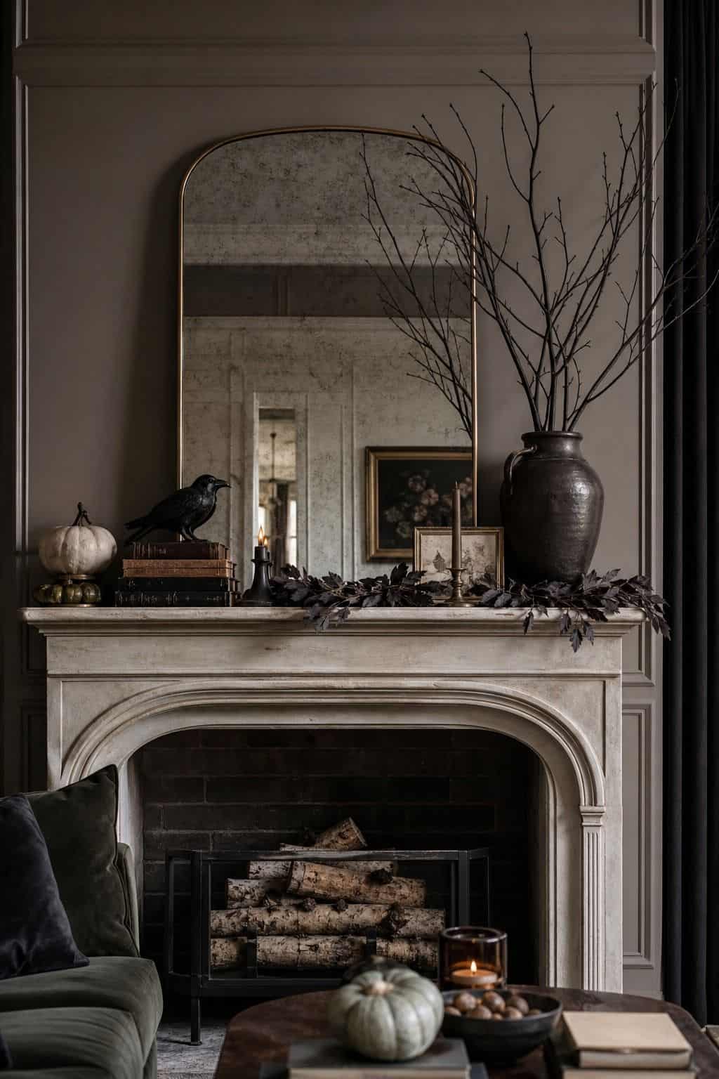 Tall Branches at One Side shown as a realistic Pretty Wild World image for 17 Halloween Mantle Decor Ideas for a Moody Fireplace.