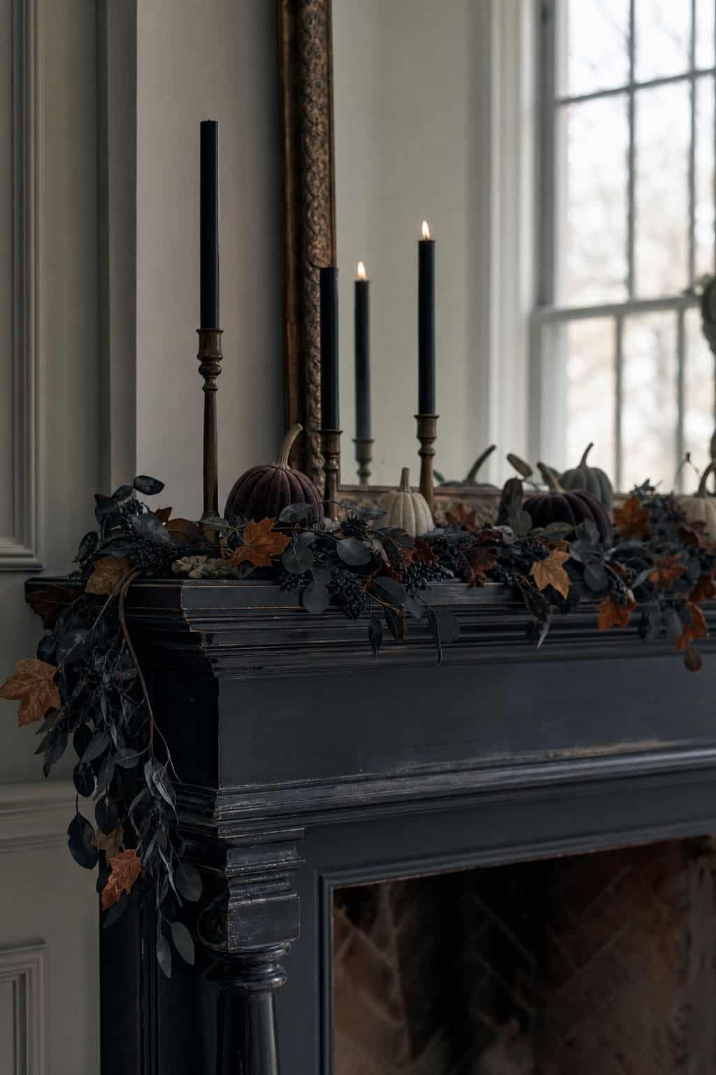Dark Garland Across the Edge shown as a realistic Pretty Wild World image for 17 Halloween Mantle Decor Ideas for a Moody Fireplace.