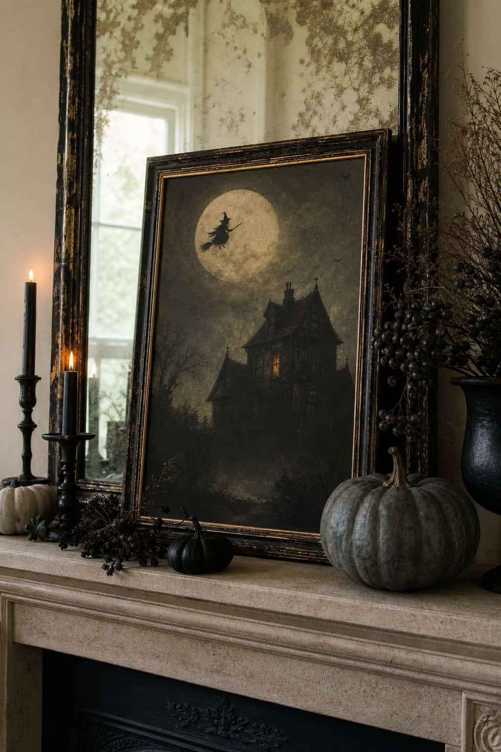 Halloween Art Lean shown as a realistic Pretty Wild World image for 17 Halloween Mantle Decor Ideas for a Moody Fireplace.