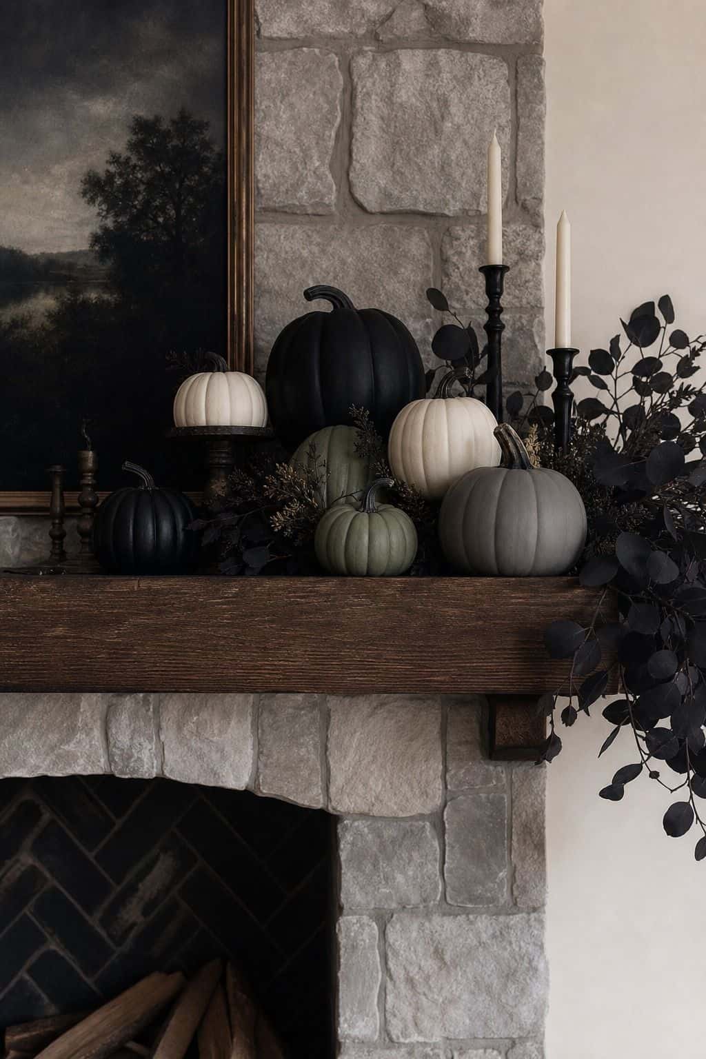 Matte Pumpkin Cluster shown as a realistic Pretty Wild World image for 17 Halloween Mantle Decor Ideas for a Moody Fireplace.