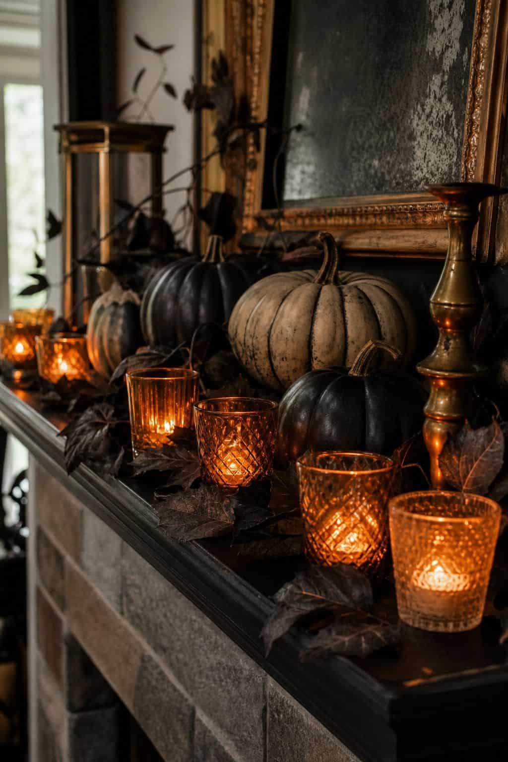 Amber Votive Glow shown as a realistic Pretty Wild World image for 17 Halloween Mantle Decor Ideas for a Moody Fireplace.