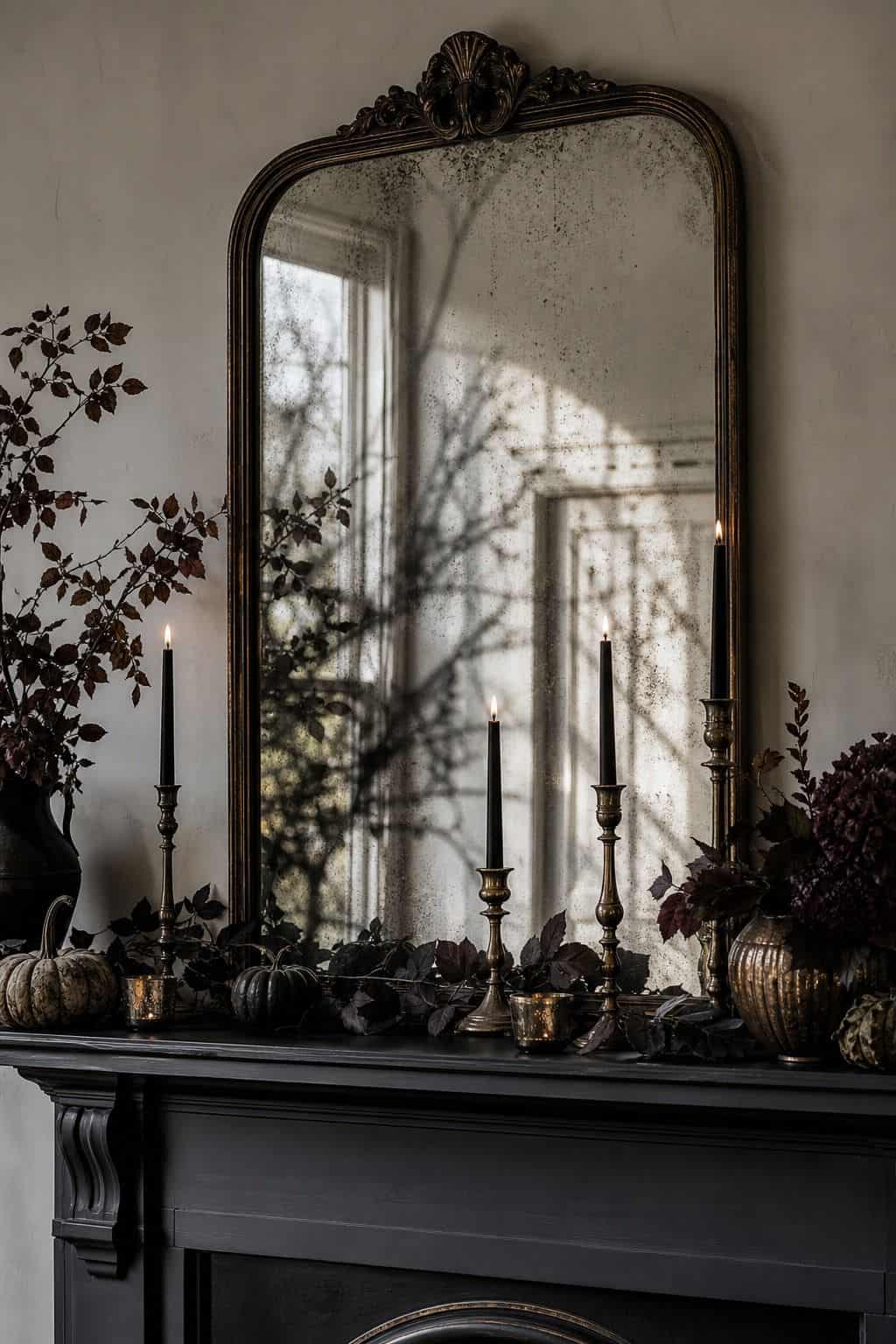 Mirror With Shadows shown as a realistic Pretty Wild World image for 17 Halloween Mantle Decor Ideas for a Moody Fireplace.