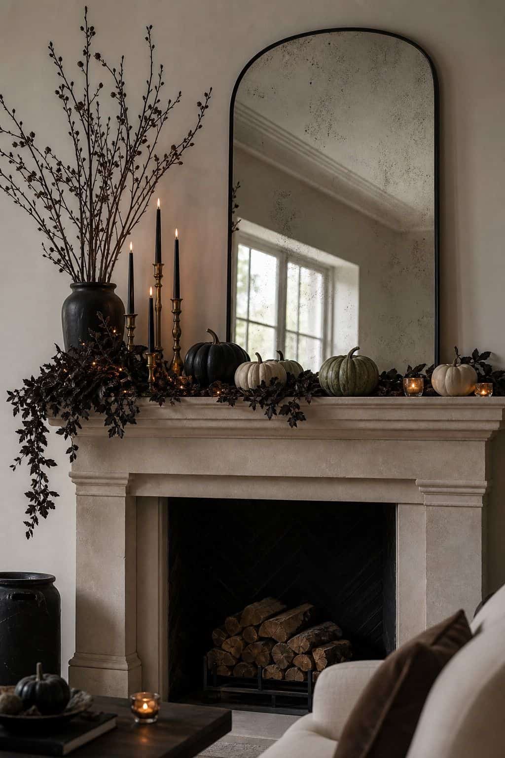 Asymmetrical Mantel Line shown as a realistic Pretty Wild World image for 17 Halloween Mantle Decor Ideas for a Moody Fireplace.