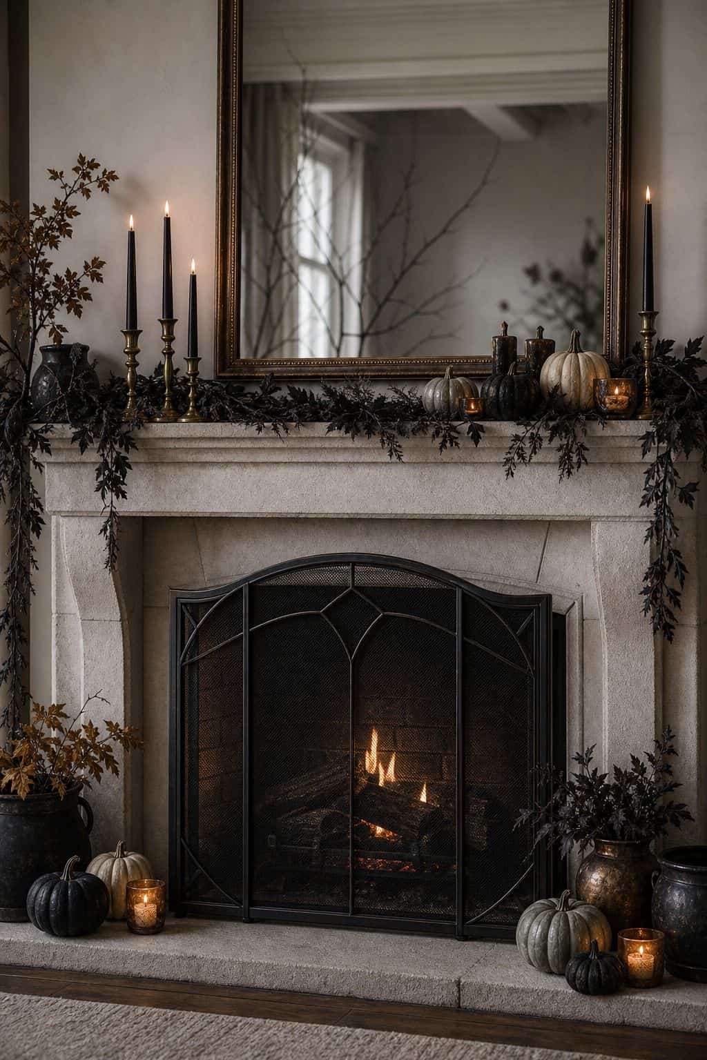 Fireplace Screen Kept Visible shown as a realistic Pretty Wild World image for 17 Halloween Mantle Decor Ideas for a Moody Fireplace.