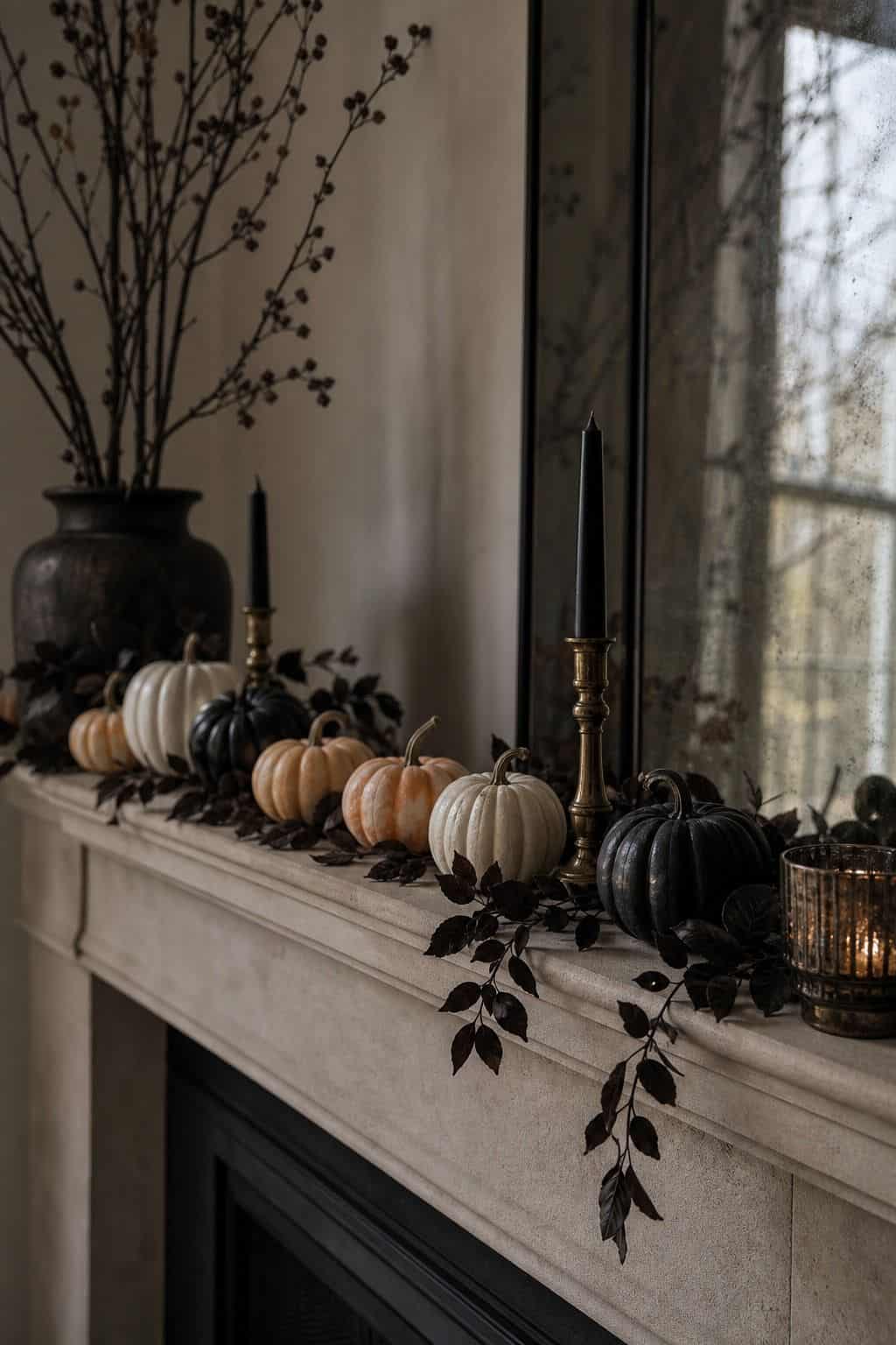 Small Pumpkin Trail shown as a realistic Pretty Wild World image for 17 Halloween Mantle Decor Ideas for a Moody Fireplace.