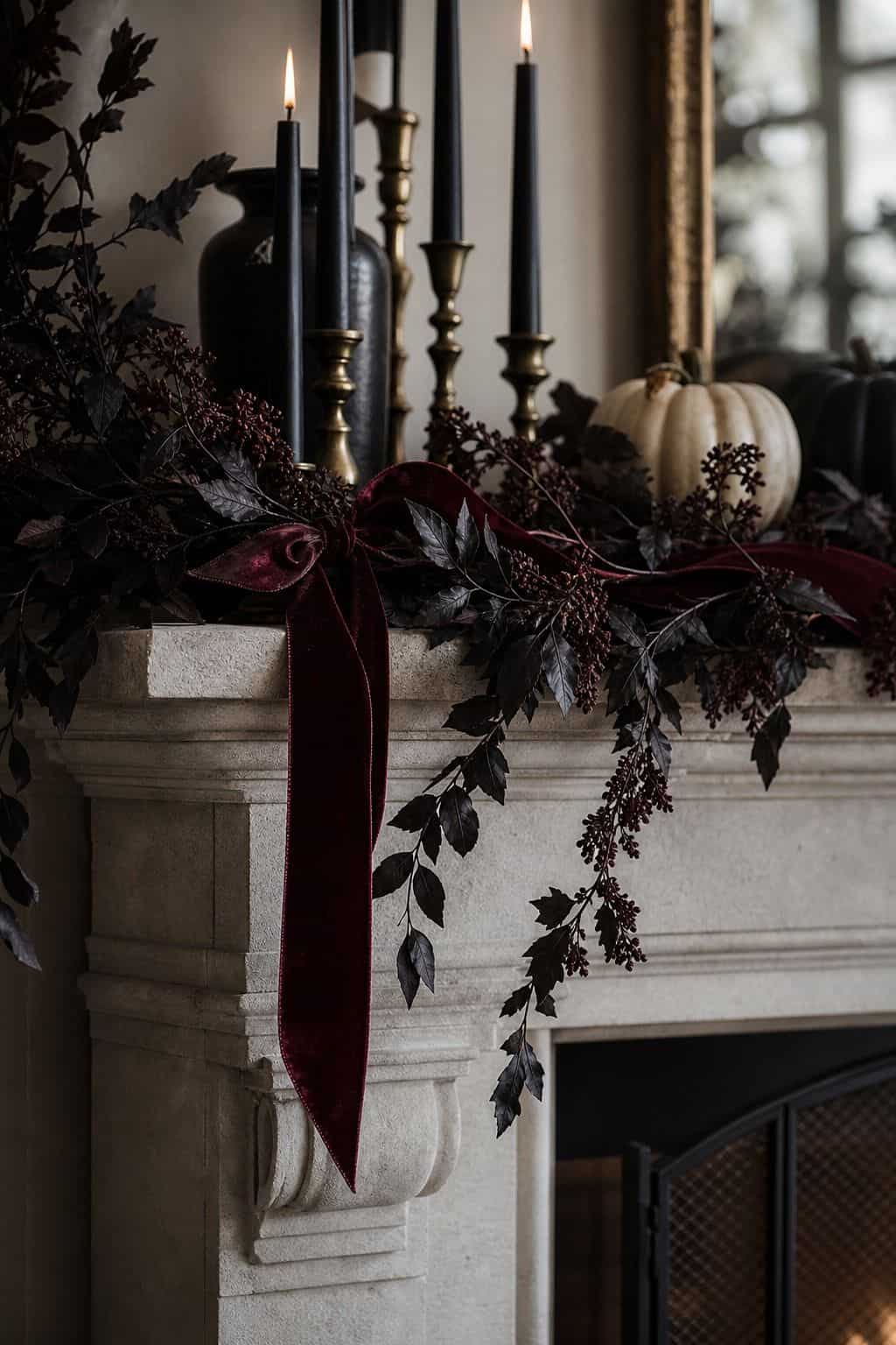 Burgundy Ribbon Detail shown as a realistic Pretty Wild World image for 17 Halloween Mantle Decor Ideas for a Moody Fireplace.
