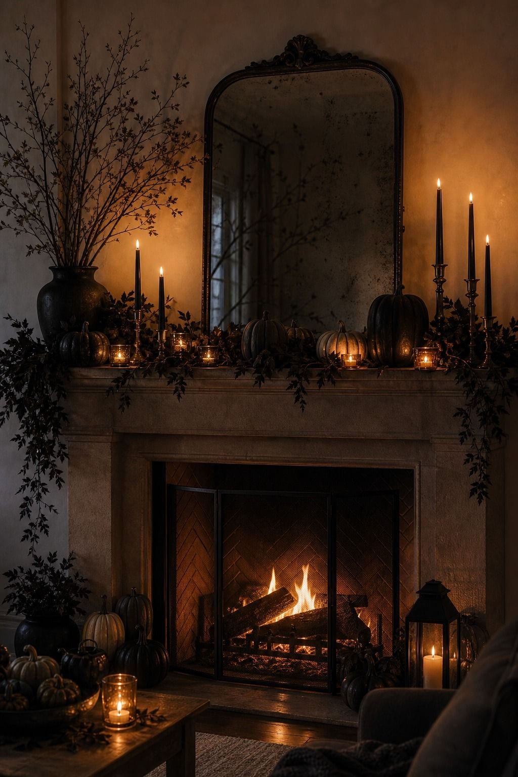 Trick-or-Treat Night Glow shown as a realistic Pretty Wild World image for 17 Halloween Mantle Decor Ideas for a Moody Fireplace.