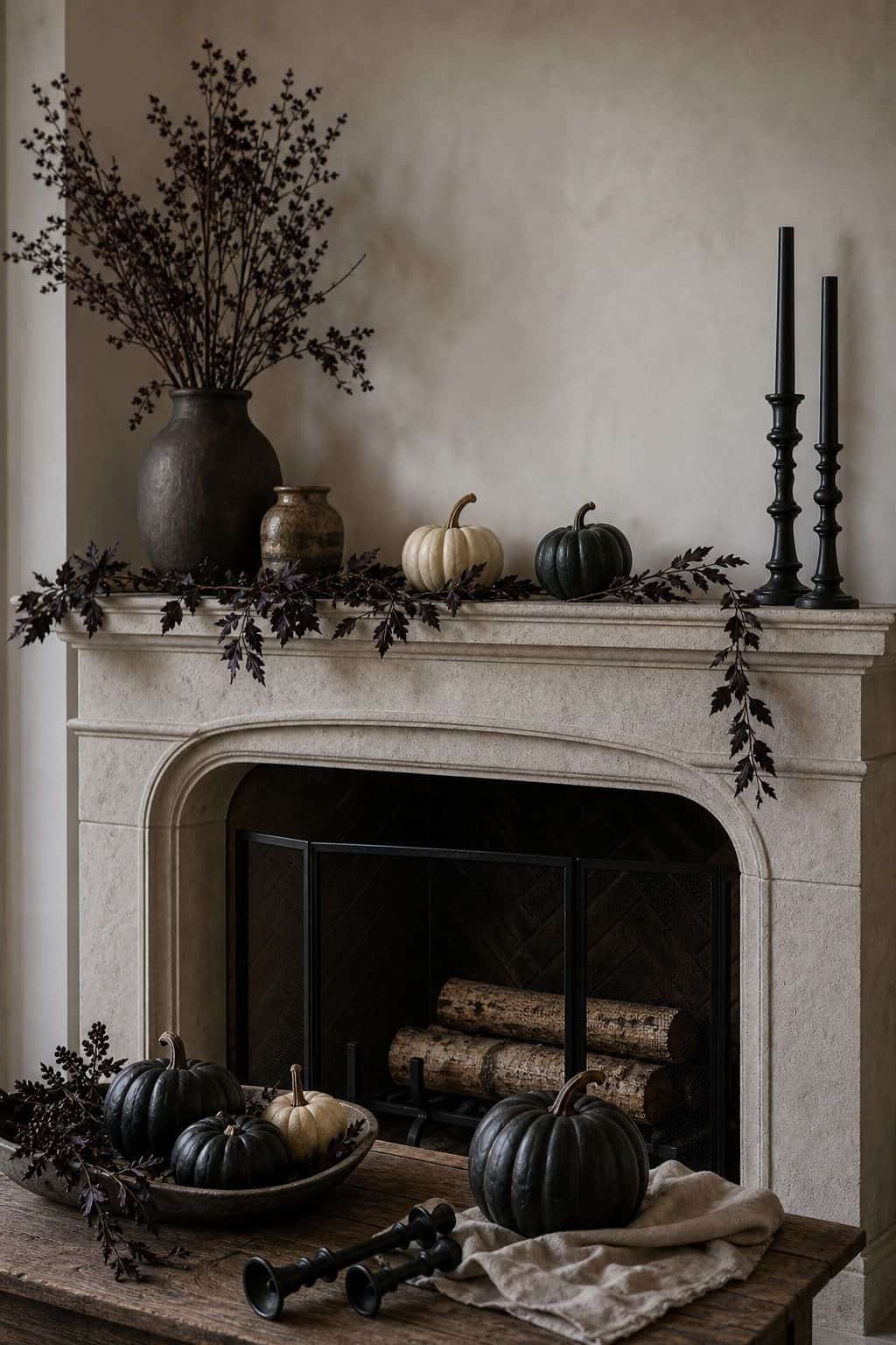 After-Halloween Removal shown as a realistic Pretty Wild World image for 17 Halloween Mantle Decor Ideas for a Moody Fireplace.