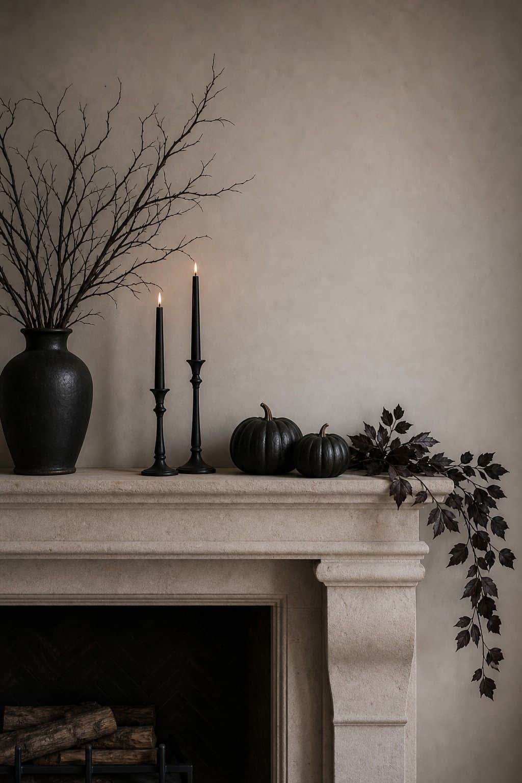 Mantle With Breathing Room shown as a realistic Pretty Wild World image for 17 Halloween Mantle Decor Ideas for a Moody Fireplace.