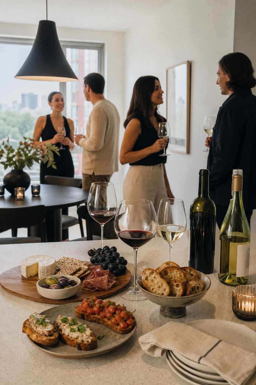 Wine and Small Bites shown as a realistic Pretty Wild World image for 18 Housewarming Party Themes That Make a New Home Feel Loved.