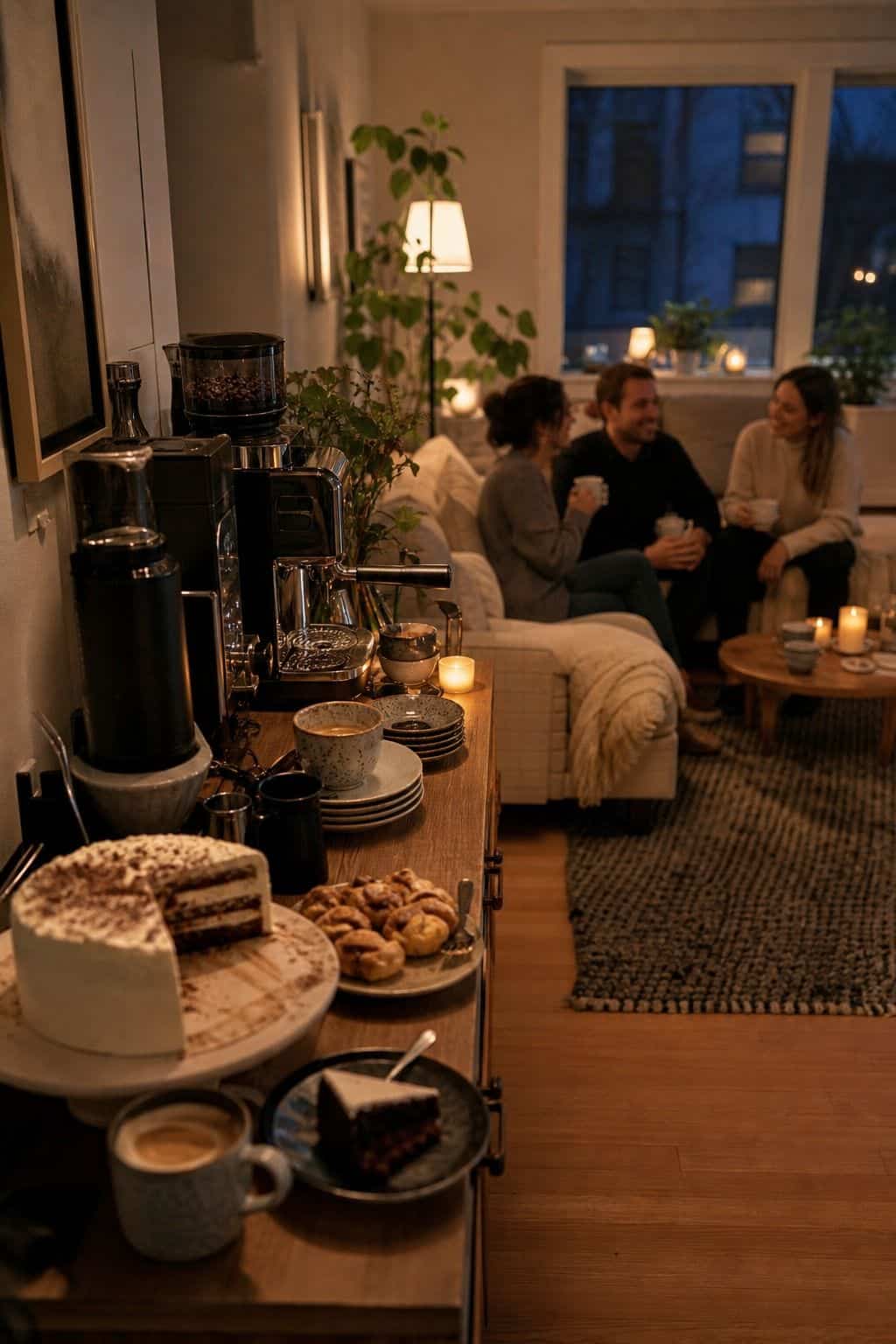 Coffee and Dessert Night shown as a realistic Pretty Wild World image for 18 Housewarming Party Themes That Make a New Home Feel Loved.