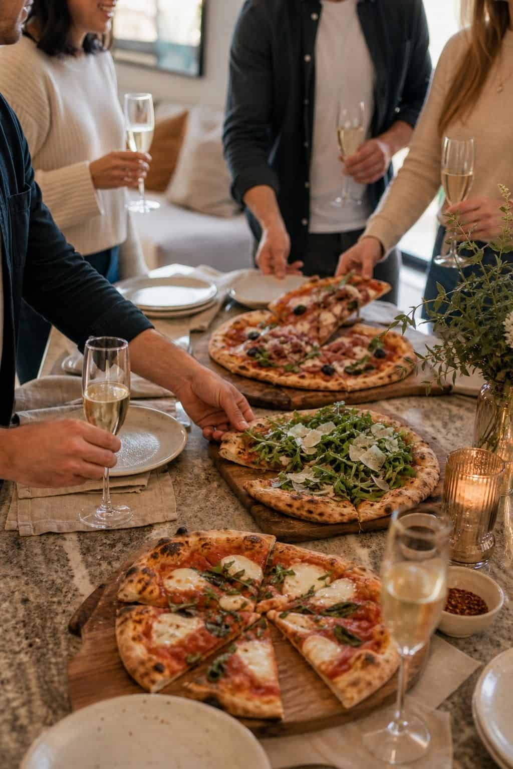 Pizza and Prosecco shown as a realistic Pretty Wild World image for 18 Housewarming Party Themes That Make a New Home Feel Loved.