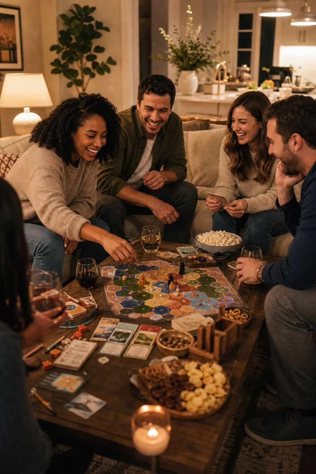 Game Night Housewarming shown as a realistic Pretty Wild World image for 18 Housewarming Party Themes That Make a New Home Feel Loved.