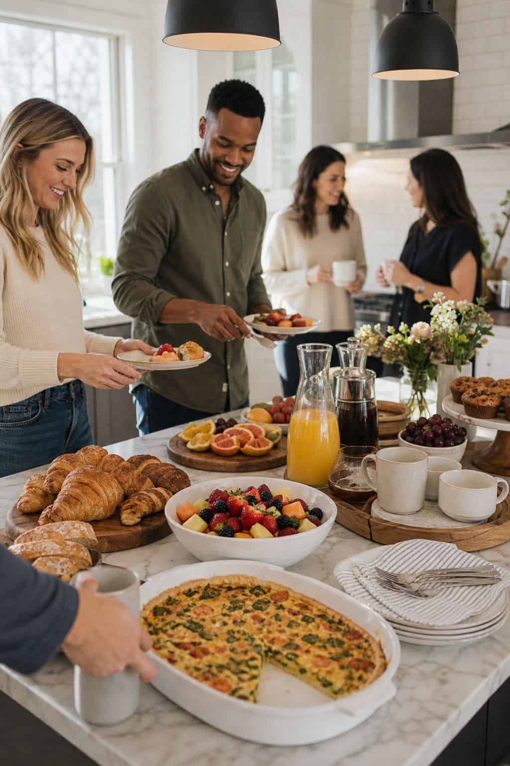 Brunch in the New Kitchen shown as a realistic Pretty Wild World image for 18 Housewarming Party Themes That Make a New Home Feel Loved.