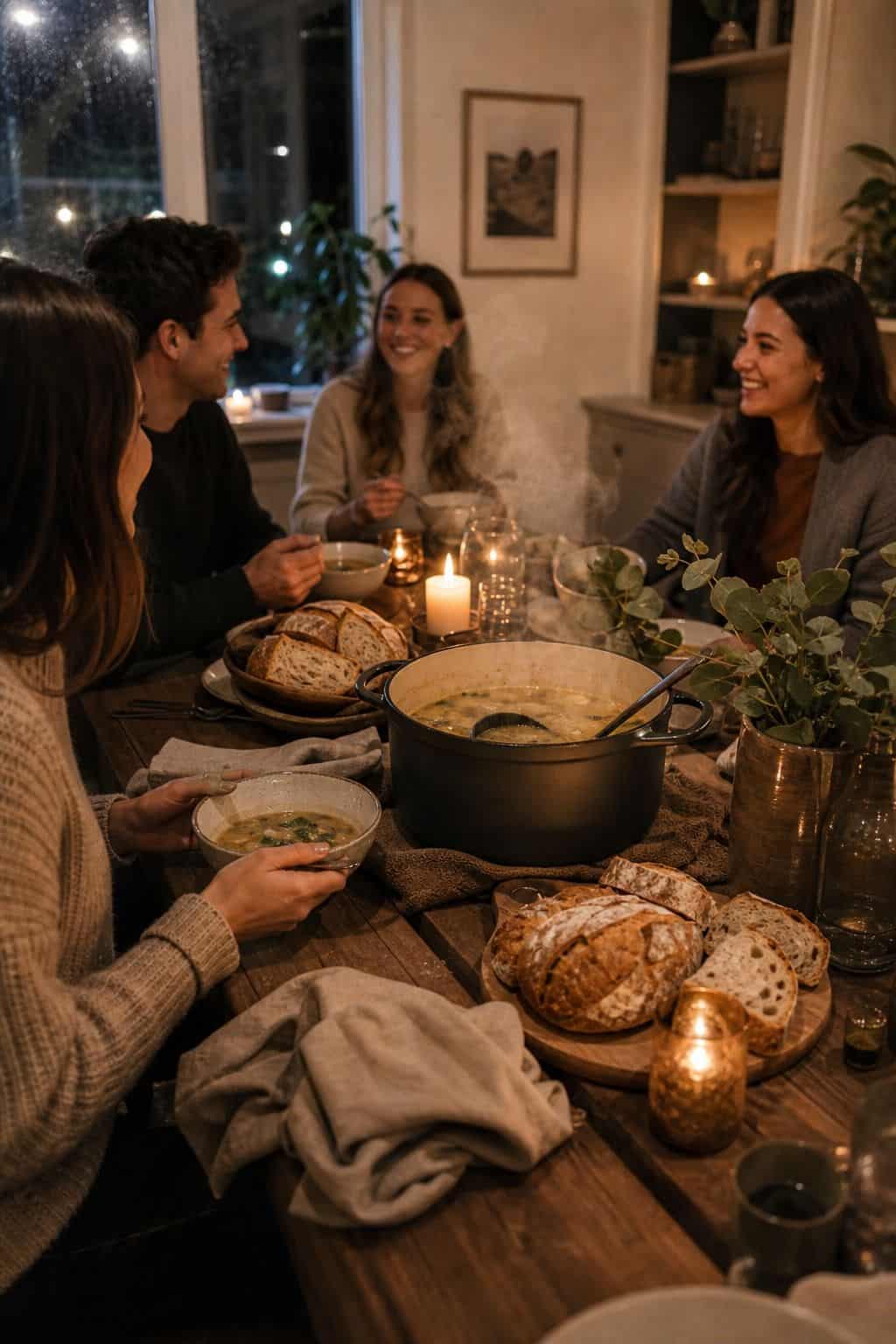 Cozy Soup Night shown as a realistic Pretty Wild World image for 18 Housewarming Party Themes That Make a New Home Feel Loved.