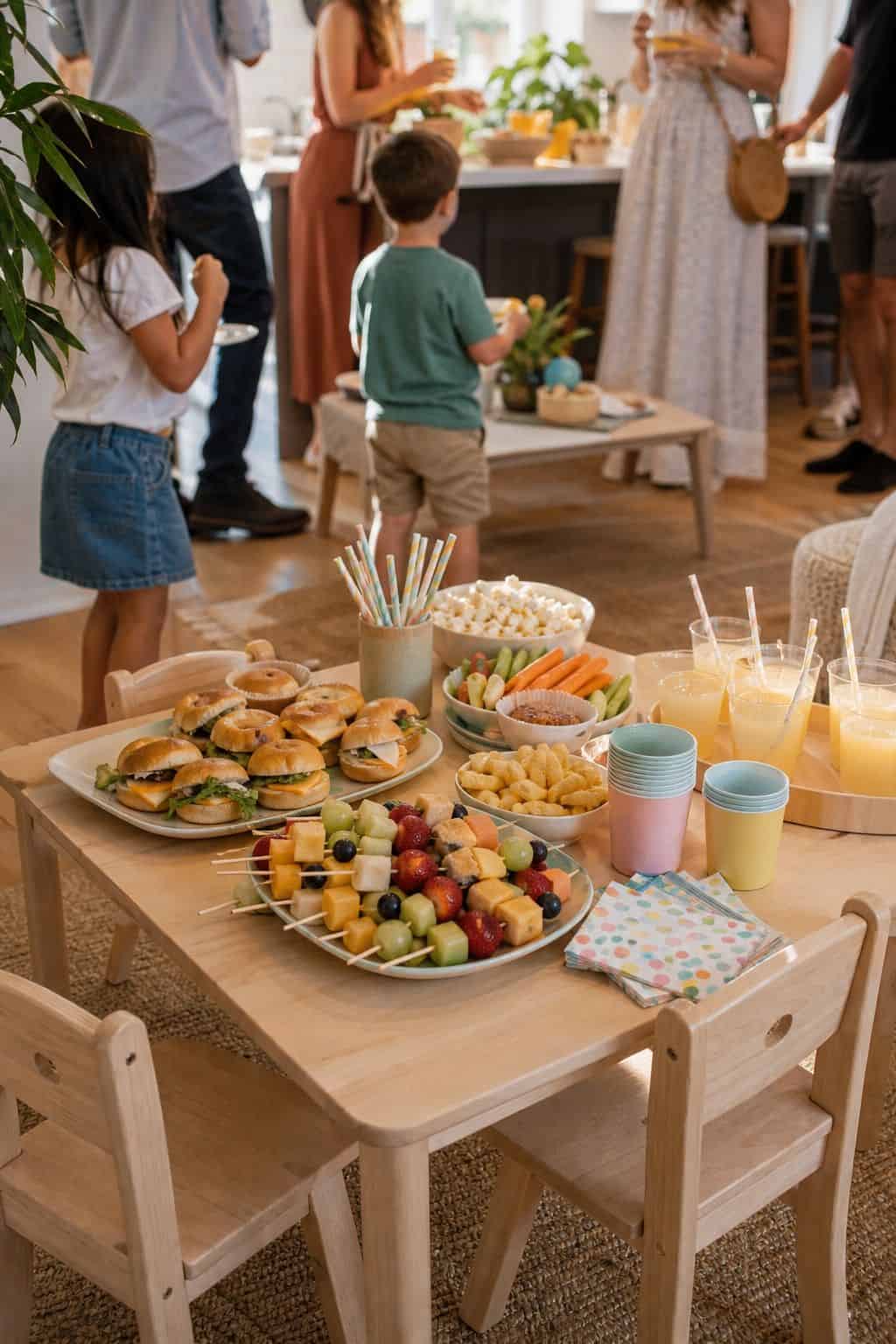 Kids-Friendly Snack Table shown as a realistic Pretty Wild World image for 18 Housewarming Party Themes That Make a New Home Feel Loved.