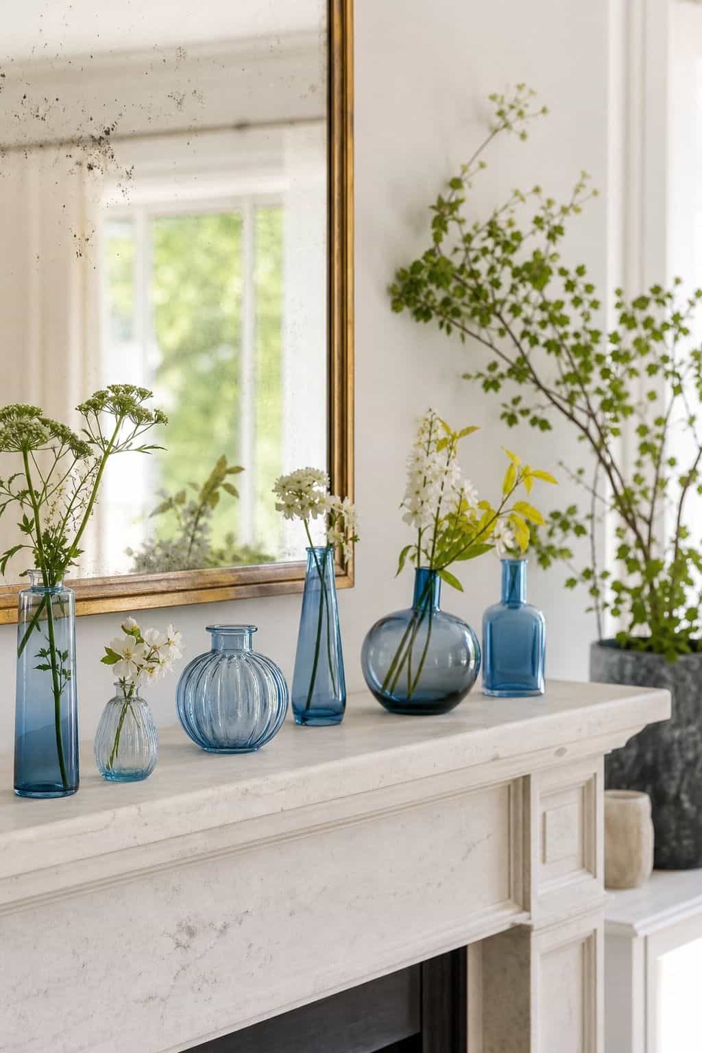 Blue Glass Bud Vases shown as a realistic Pretty Wild World image for 16 Summer Mantel Decorating Ideas for a Light Collected Fireplace.