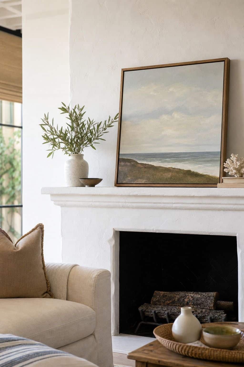 Coastal Art Lean shown as a realistic Pretty Wild World image for 16 Summer Mantel Decorating Ideas for a Light Collected Fireplace.