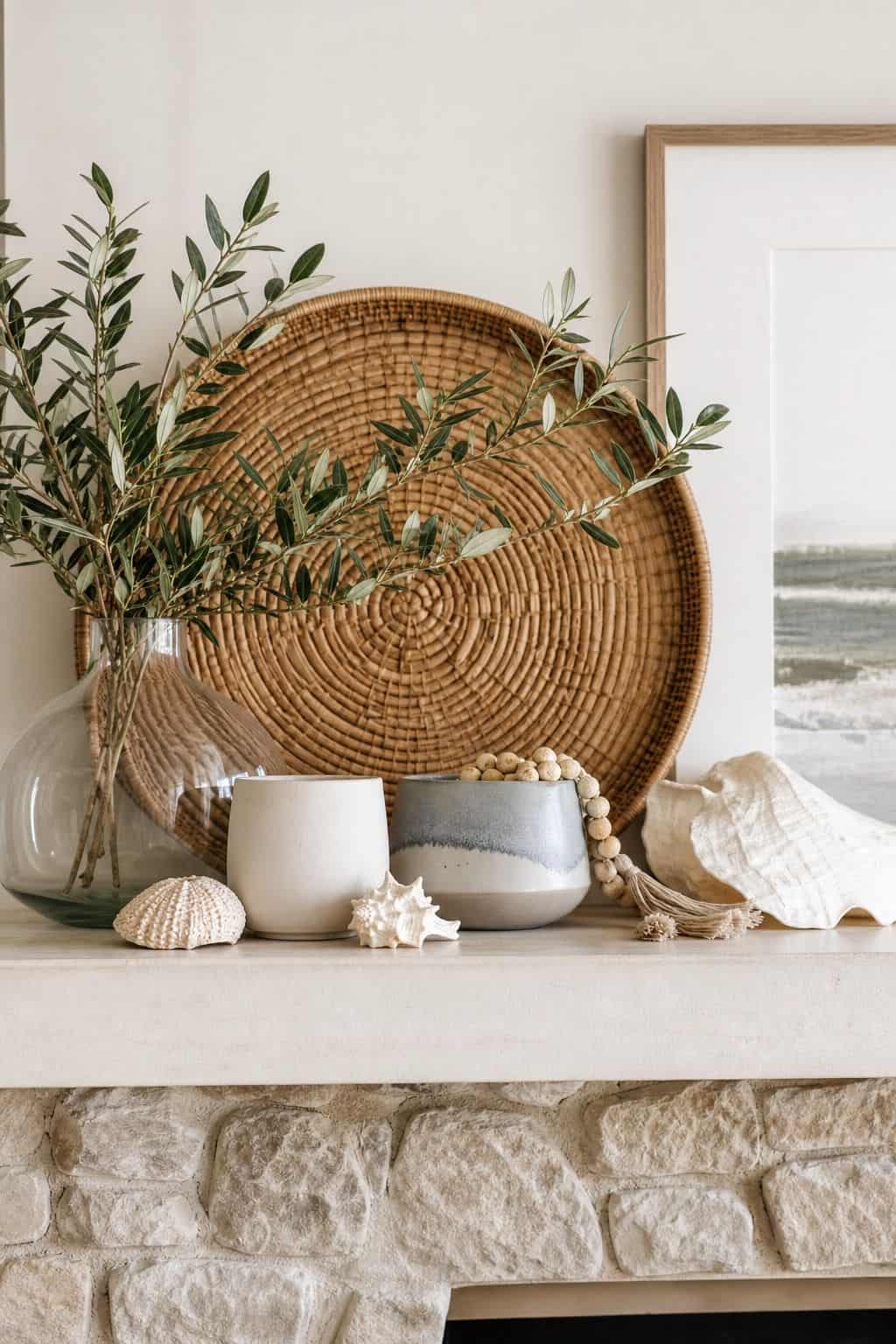 Woven Tray Layer shown as a realistic Pretty Wild World image for 16 Summer Mantel Decorating Ideas for a Light Collected Fireplace.