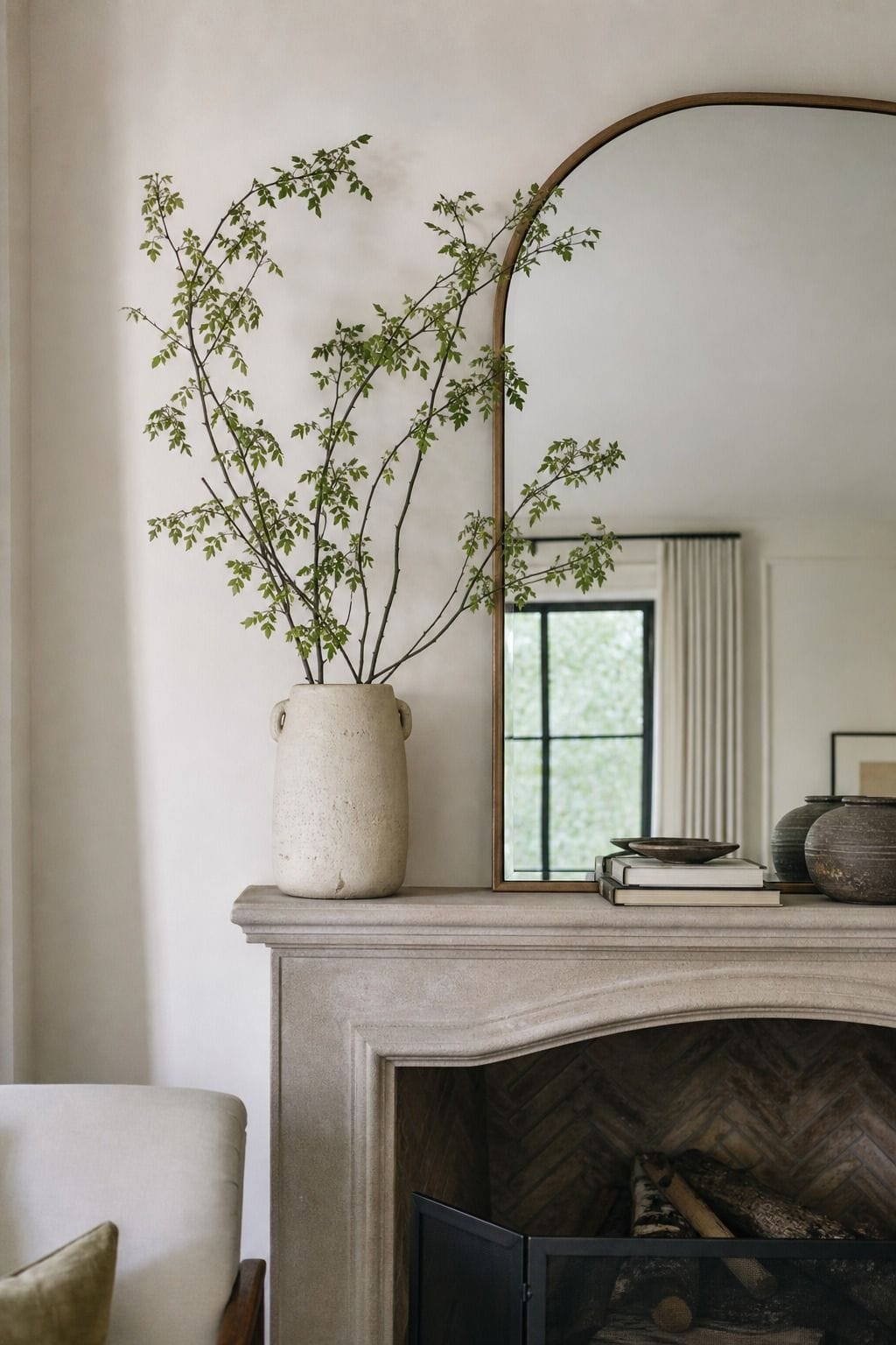 Tall Branch Arrangement shown as a realistic Pretty Wild World image for 16 Summer Mantel Decorating Ideas for a Light Collected Fireplace.