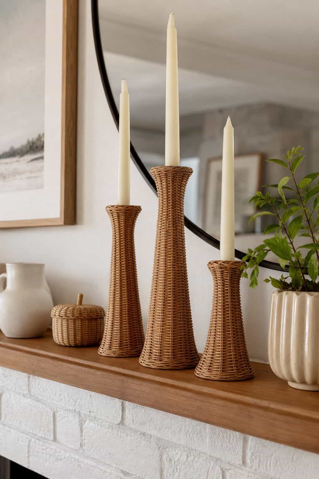 Rattan Candle Holders shown as a realistic Pretty Wild World image for 16 Summer Mantel Decorating Ideas for a Light Collected Fireplace.