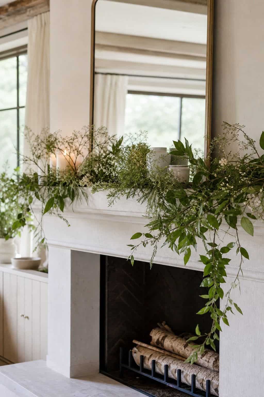 Loose Summer Garland shown as a realistic Pretty Wild World image for 16 Summer Mantel Decorating Ideas for a Light Collected Fireplace.
