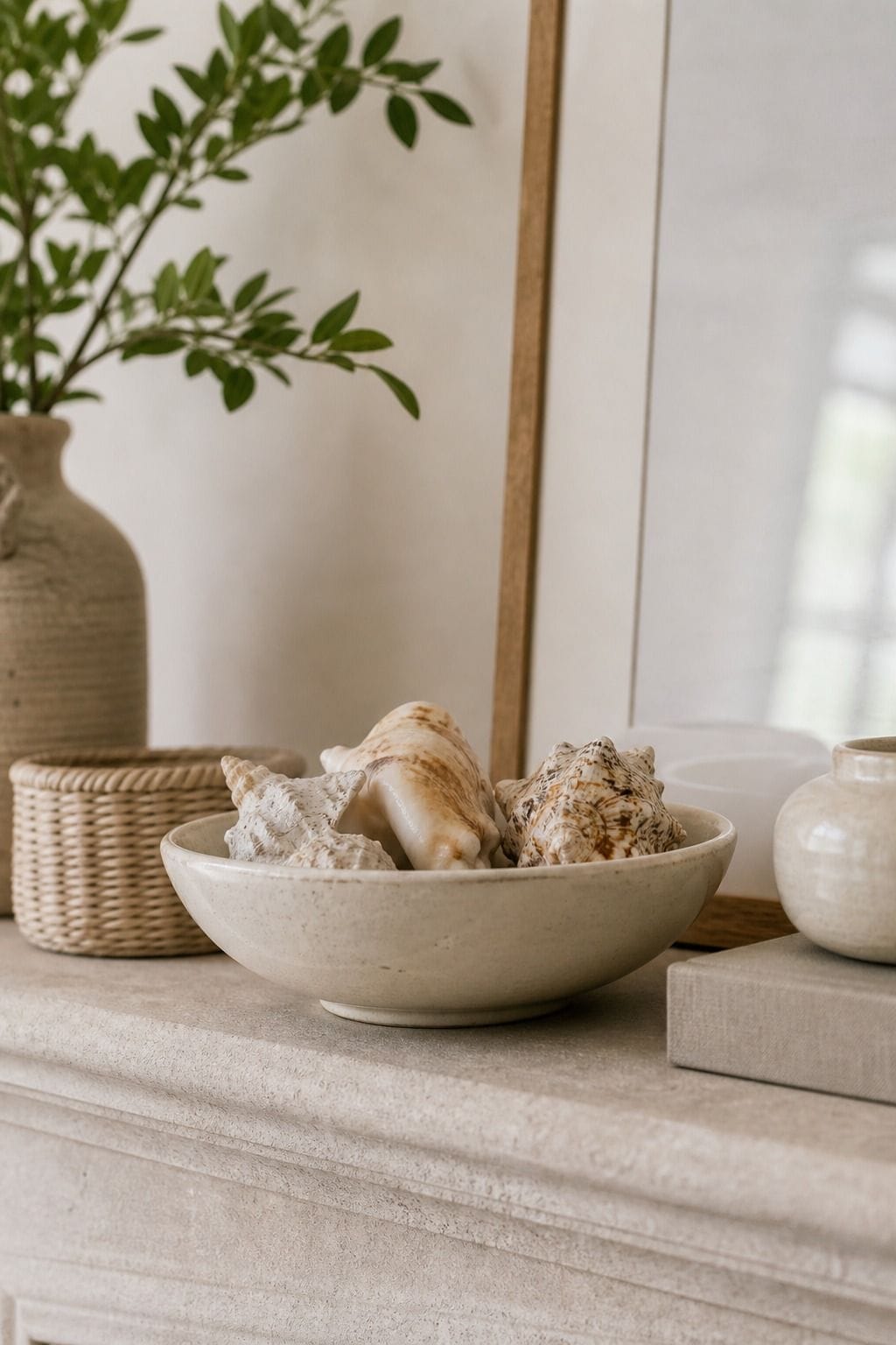Shell Bowl Detail shown as a realistic Pretty Wild World image for 16 Summer Mantel Decorating Ideas for a Light Collected Fireplace.