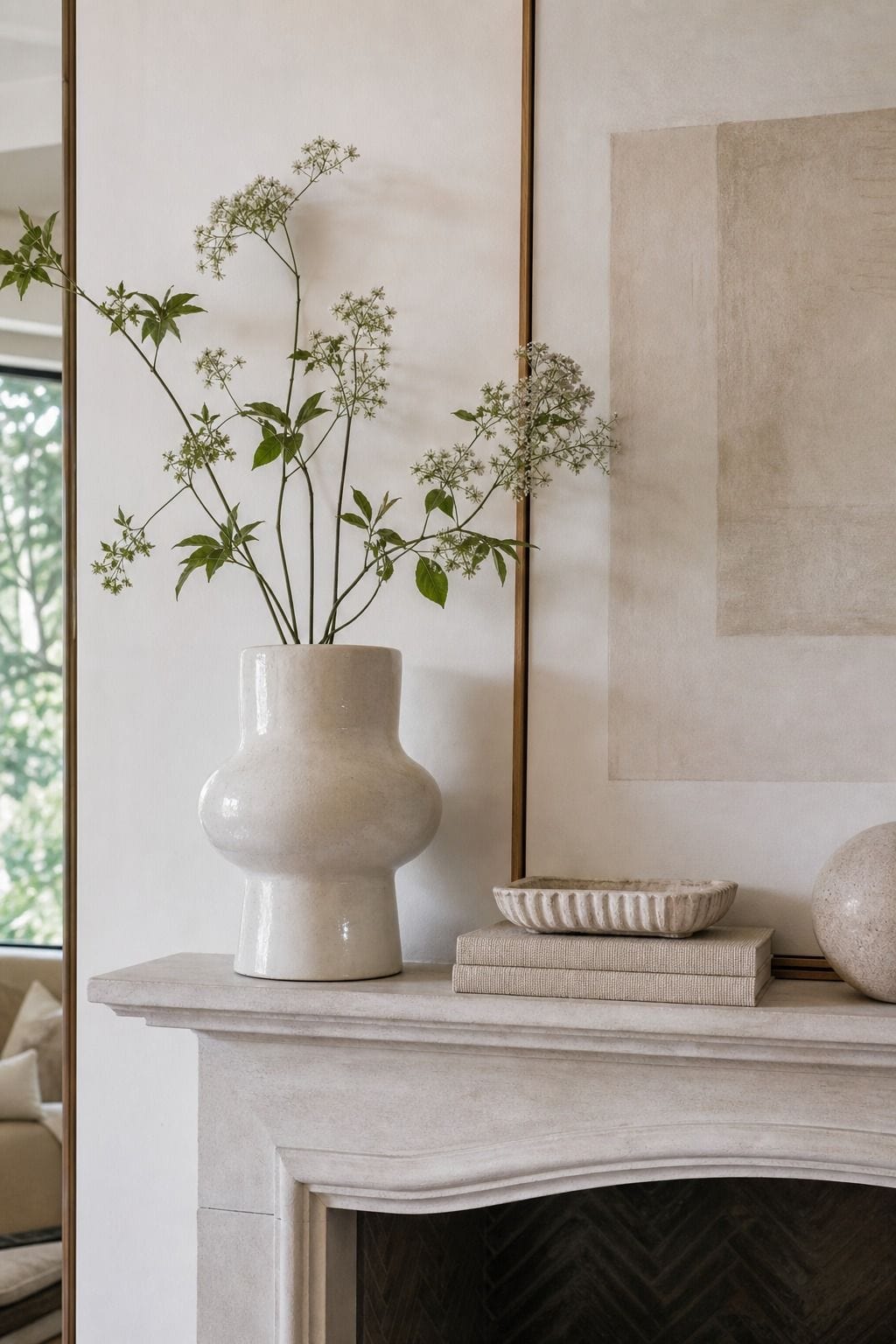 White Ceramic Vase shown as a realistic Pretty Wild World image for 16 Summer Mantel Decorating Ideas for a Light Collected Fireplace.