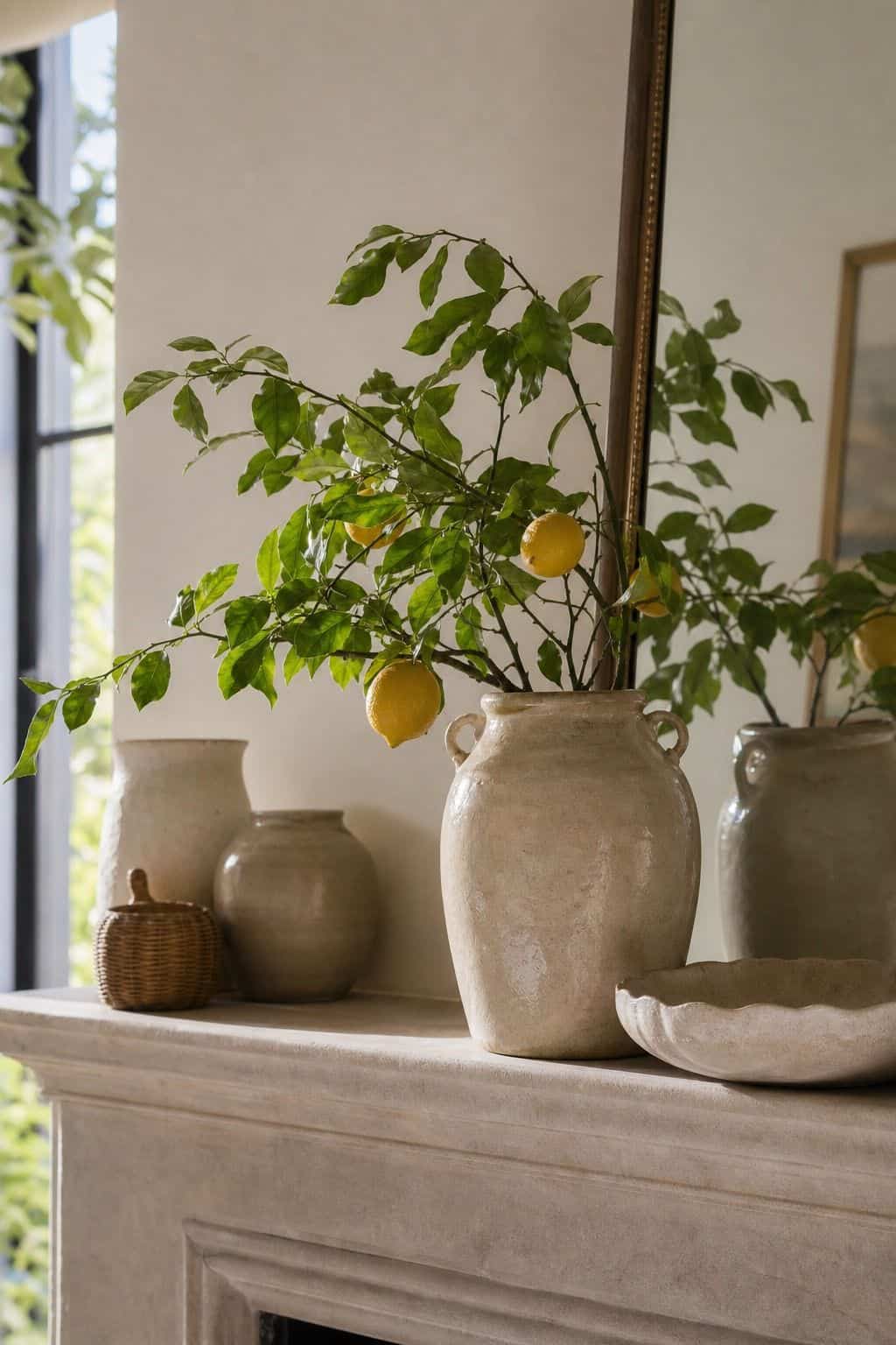 Lemon Branch Moment shown as a realistic Pretty Wild World image for 16 Summer Mantel Decorating Ideas for a Light Collected Fireplace.