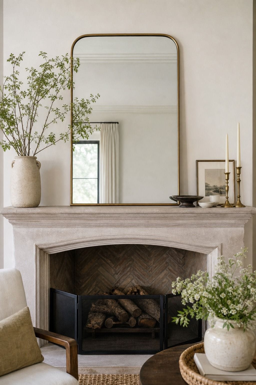Empty Center Space shown as a realistic Pretty Wild World image for 16 Summer Mantel Decorating Ideas for a Light Collected Fireplace.