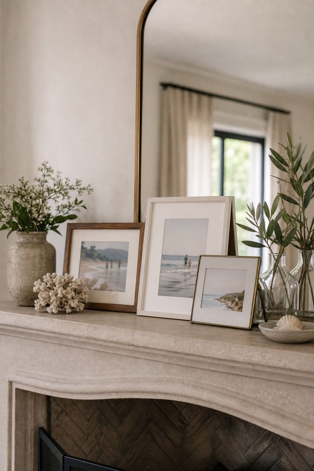 Family Photo Refresh shown as a realistic Pretty Wild World image for 16 Summer Mantel Decorating Ideas for a Light Collected Fireplace.