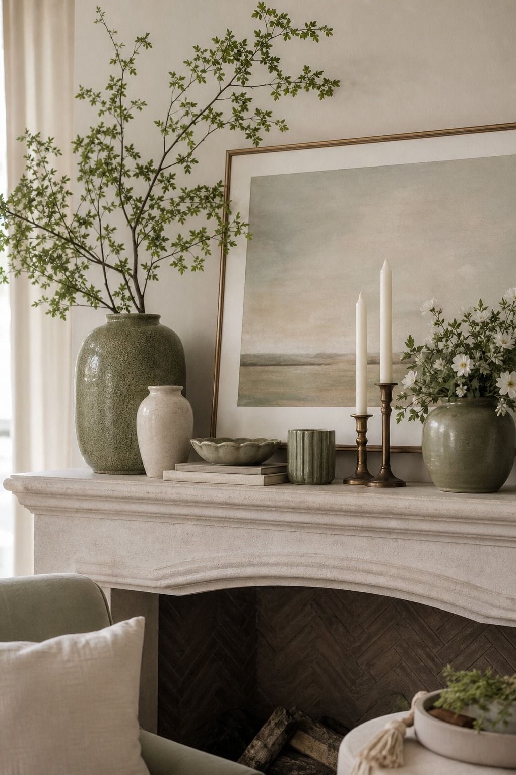 Sage and Cream Palette shown as a realistic Pretty Wild World image for 16 Summer Mantel Decorating Ideas for a Light Collected Fireplace.